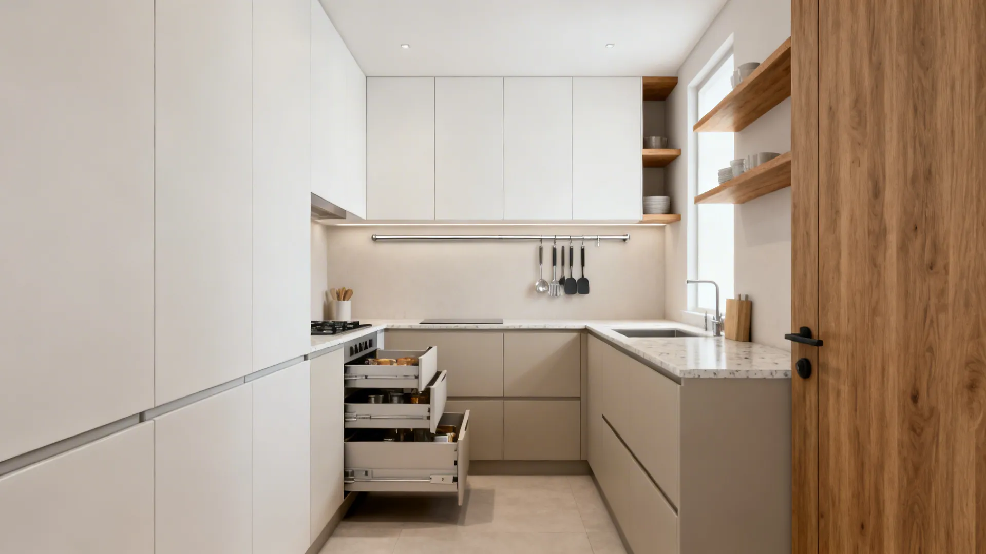 Modern kitchen with white cabinets, open storage drawers, marble countertop, wooden shelves, and a sink