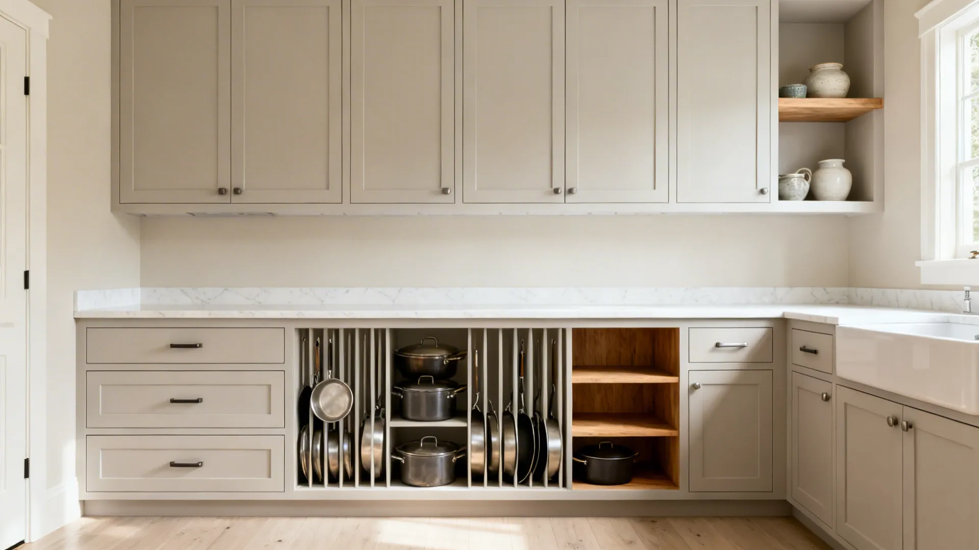 Minimalist small kitchen with matte slab cabinets, one oak shelf, and organized drawers.
