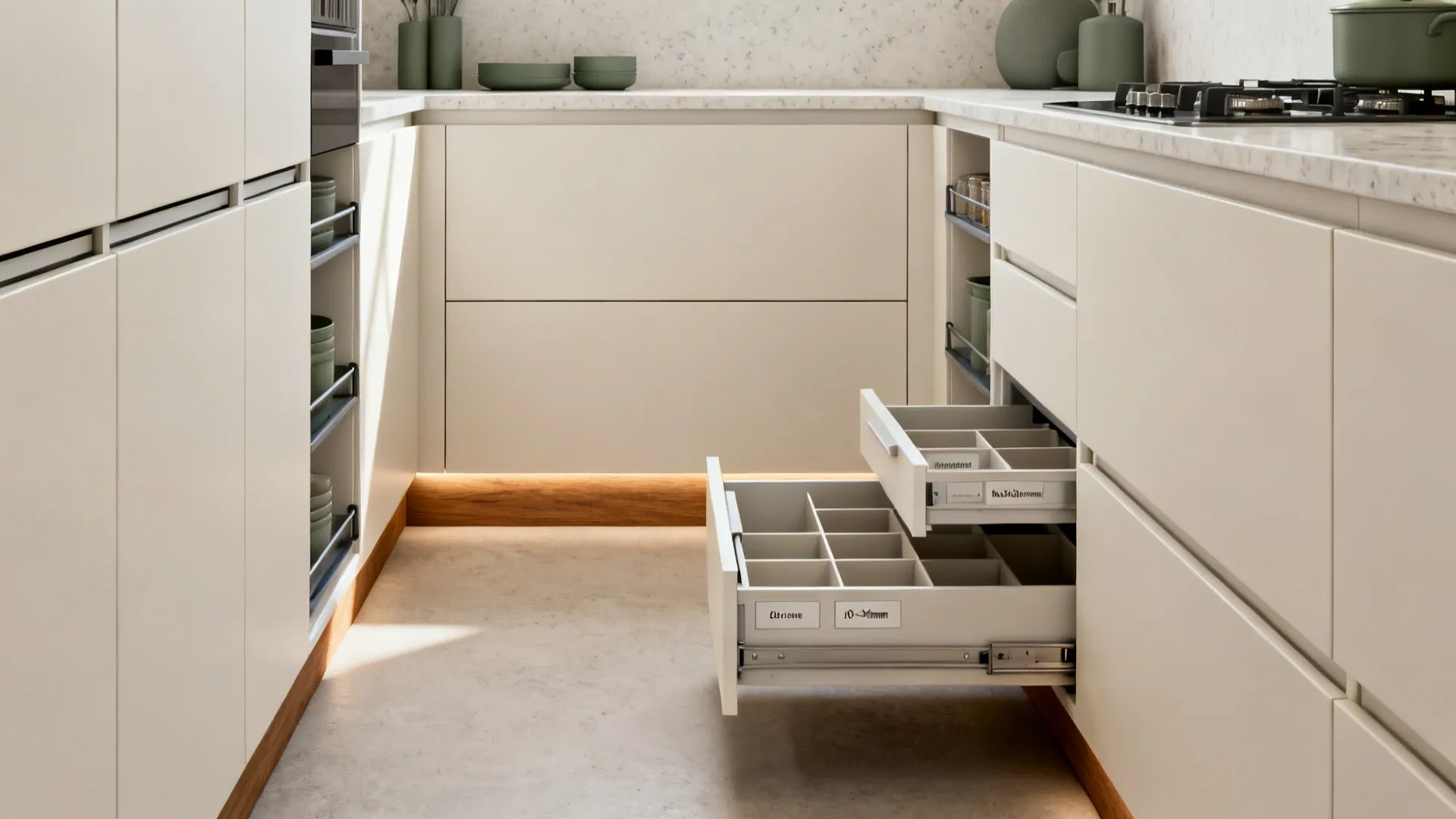 Kitchen storage solution showing open drawers with dividers for organizing small items in white base cabinets