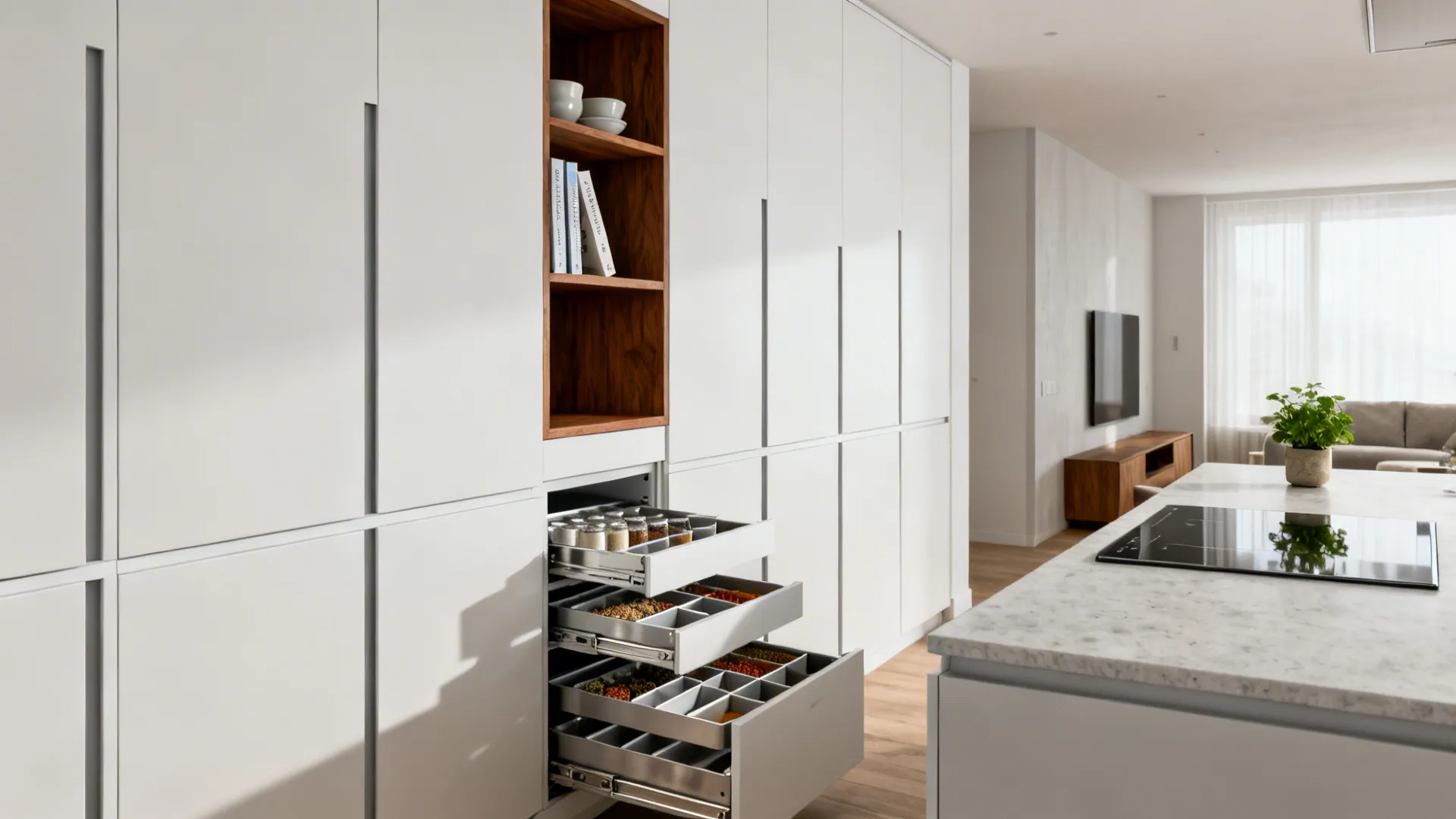 Minimalist matte white cabinets with concealed organizers and a single walnut shelf keeping counters clear.