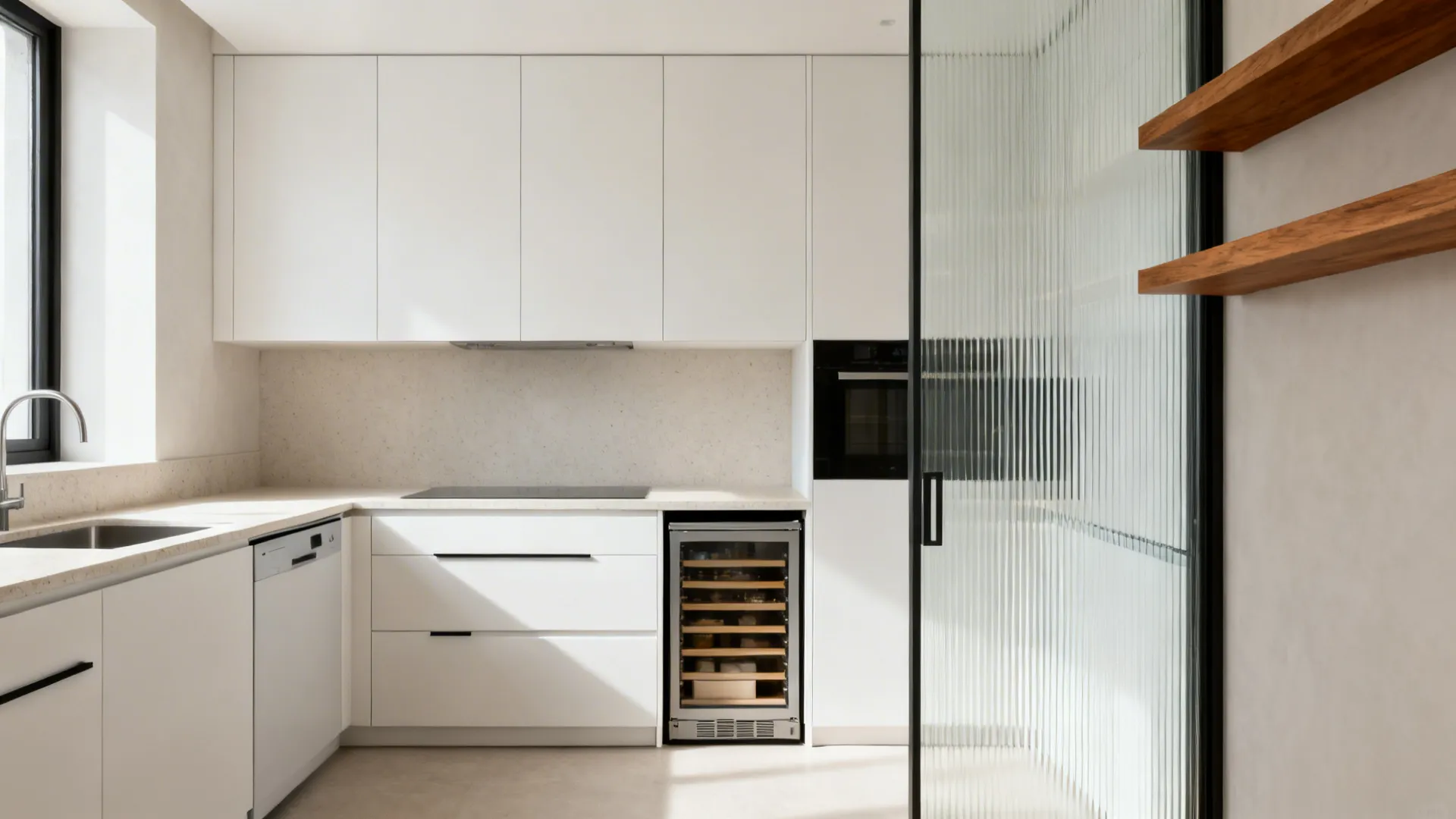 Minimalist small kitchen with matte white flat-front cabinets, hidden organizers, and a ribbed glass accent.