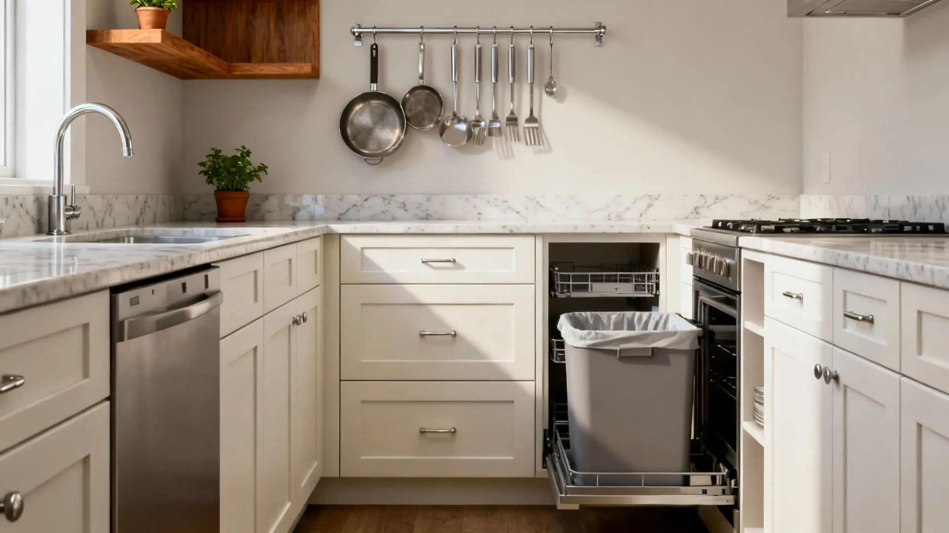 Minimalist galley kitchen with slim Shaker fronts, clear counters, and a wall rail system.