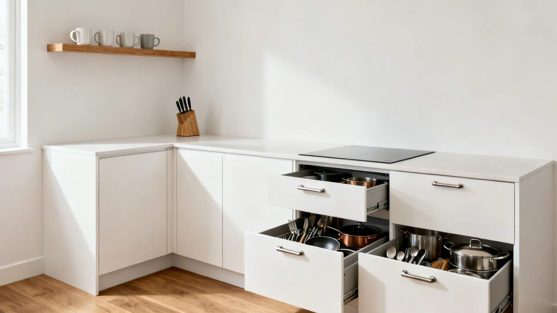 Minimalist L-shaped kitchen with deep drawers and a single oak shelf for a clean look.