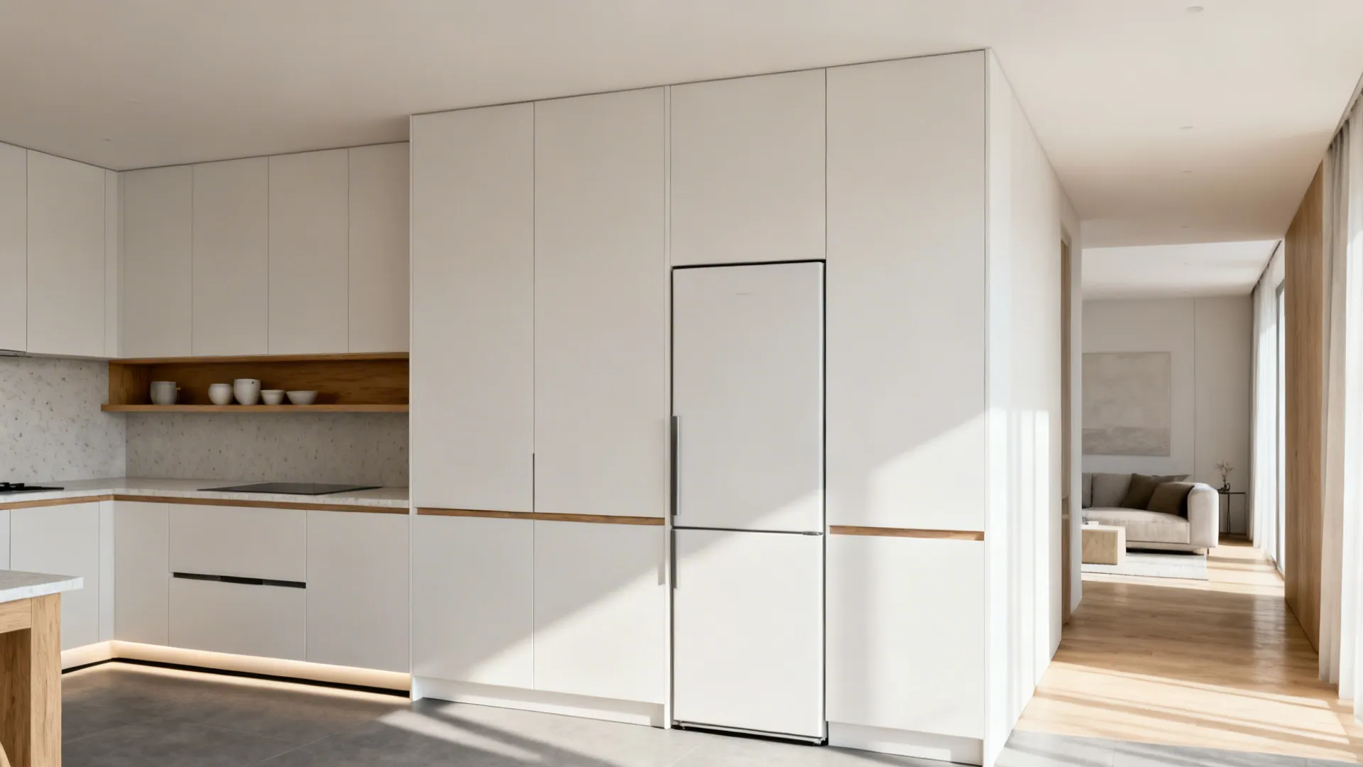 Minimal L-shaped kitchen with handleless cabinets, tall pantry, shadow-line toe-kick, and open shelf.
