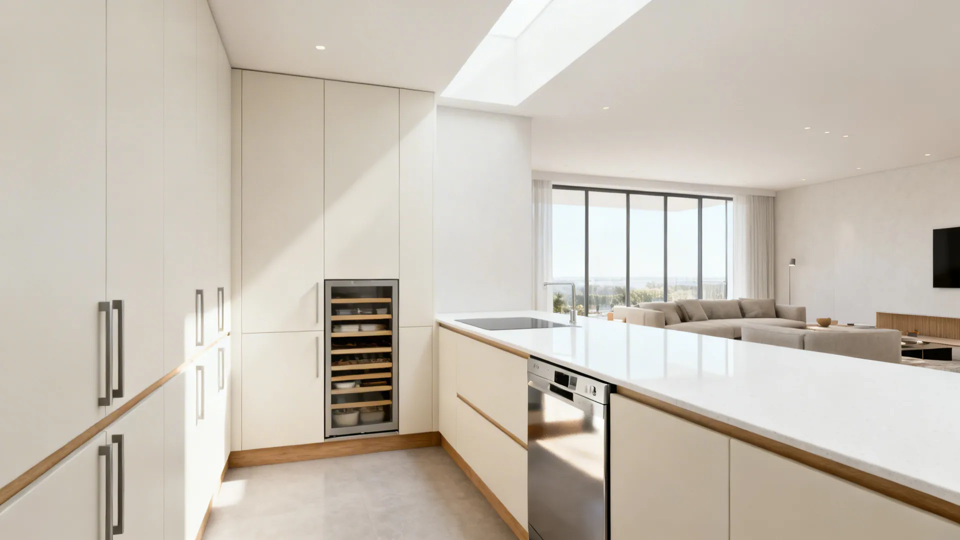 Minimalist L-shaped kitchen with handleless matte cabinets and a slim pull-out pantry, calm and clutter-free.