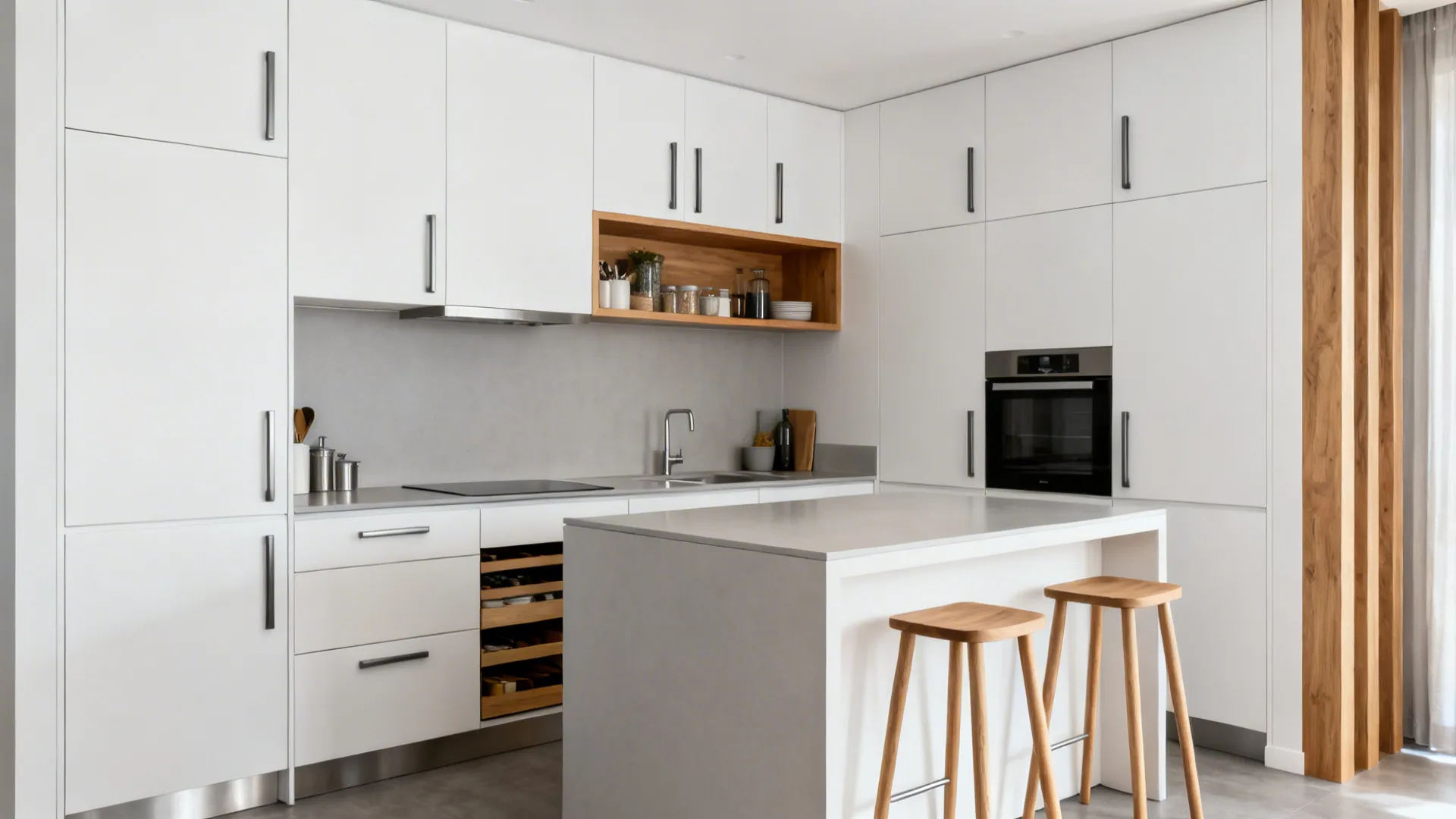 Minimalist L-shaped kitchen with flat-front cabinets and a single open shelf for a calm look.