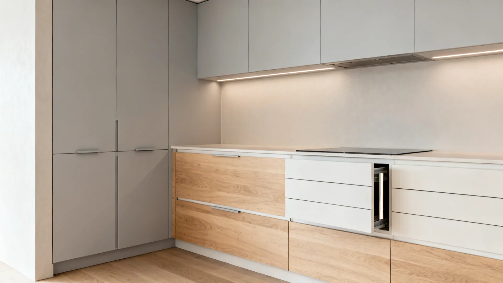 Minimalist L-shaped kitchen with full-height slab uppers and white oak drawer bases for zoned storage.
