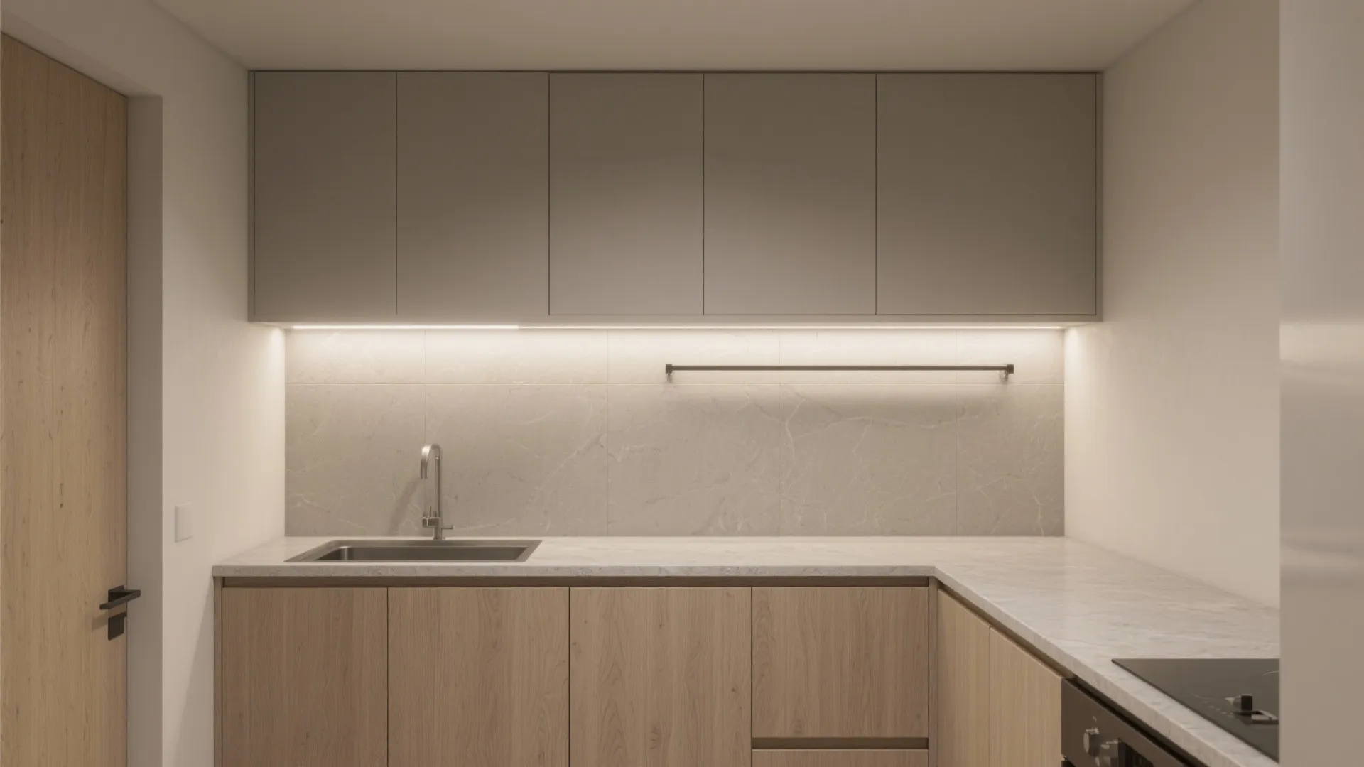 Minimalist kitchen storage with linear wall lights