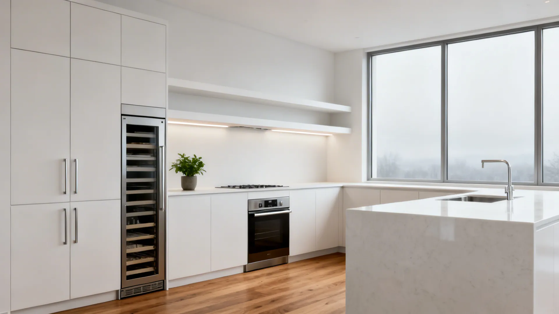 Minimalist Seattle kitchen with open ledge, pantry towers, and clean white slab cabinets.