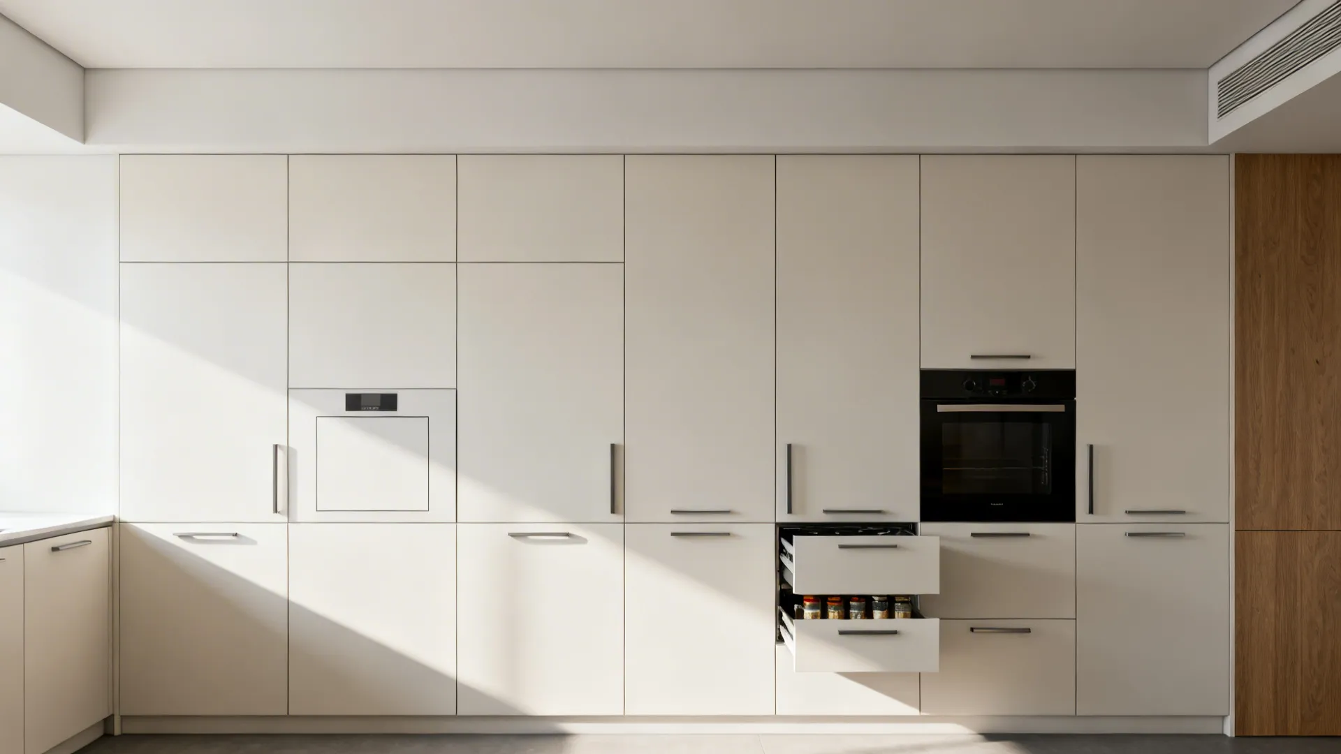 Full-height minimalist cabinets with integrated pulls and slim spice pull-outs.