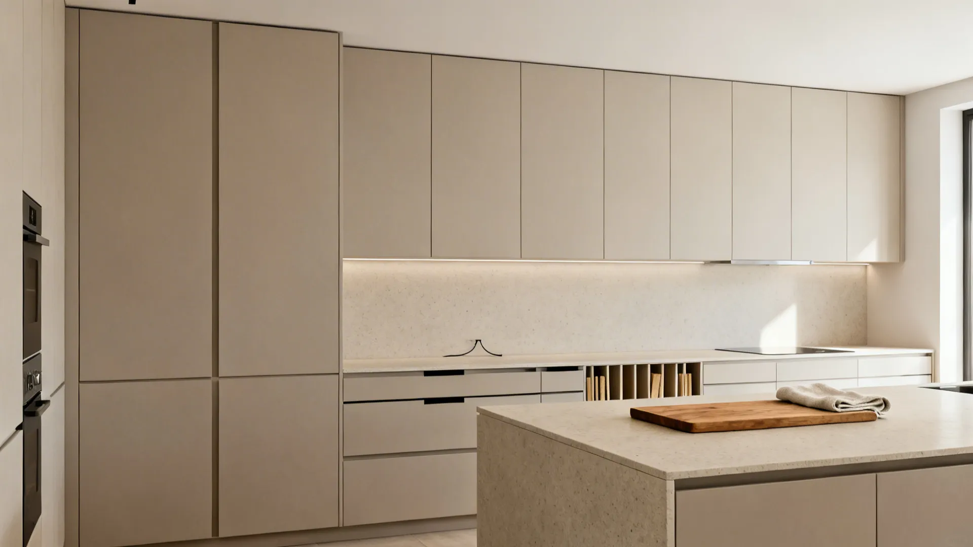 Minimal kitchen with continuous shallow uppers and handleless wide drawers in matte neutrals.