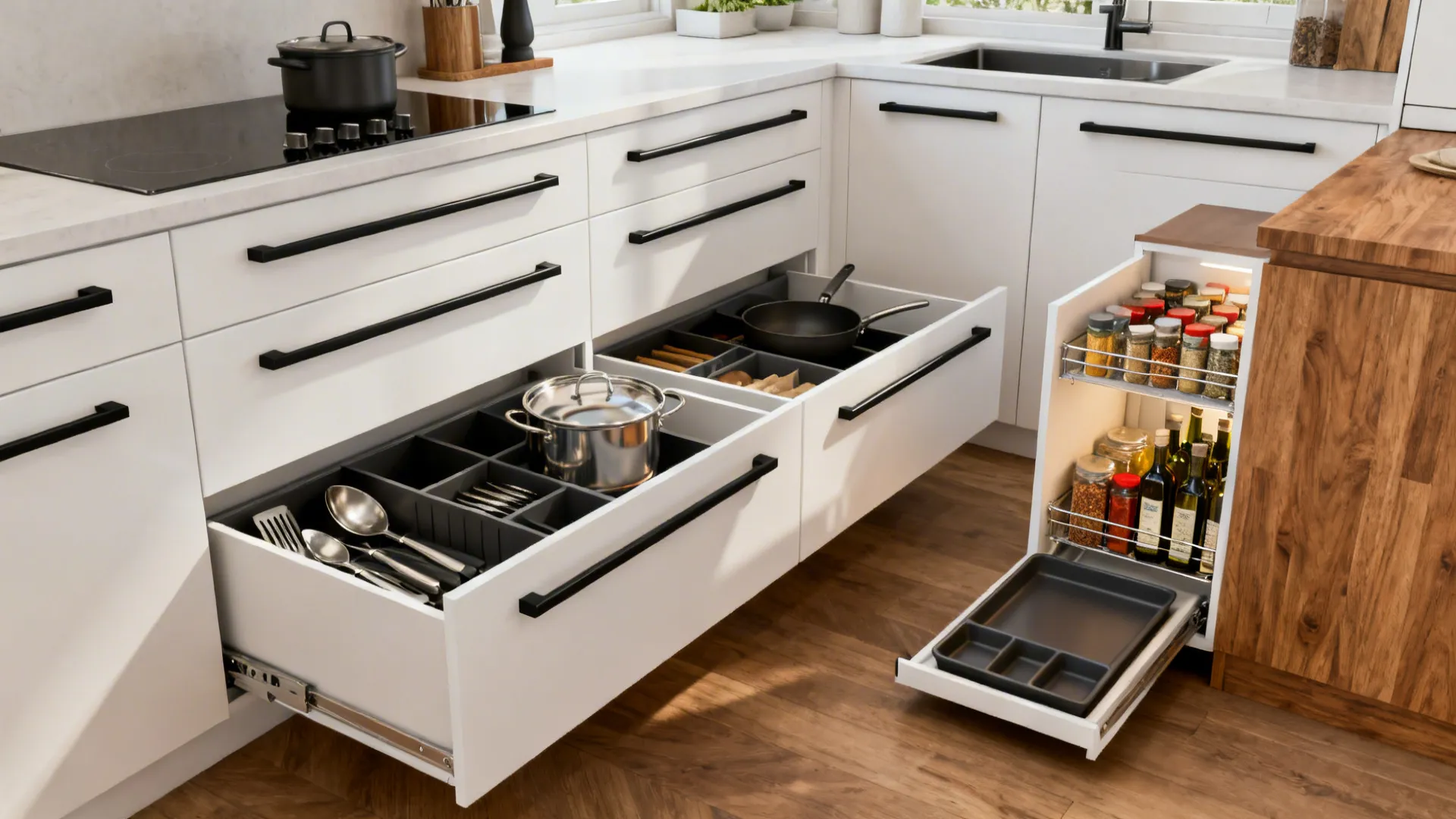 Minimalist 10x12 kitchen with open deep drawers, pull-out pantry, and toe-kick storage.