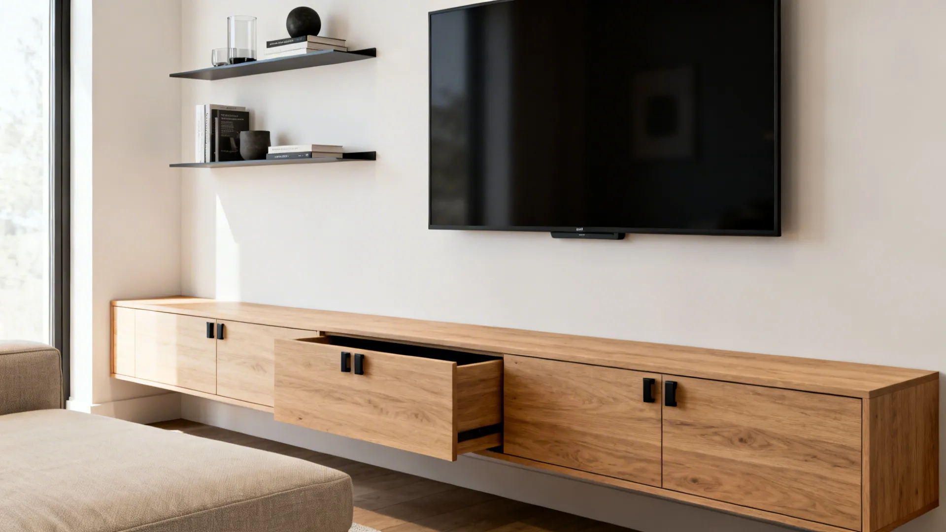 Low credenza with hidden drawers and slim floating shelves in a tidy small living room.