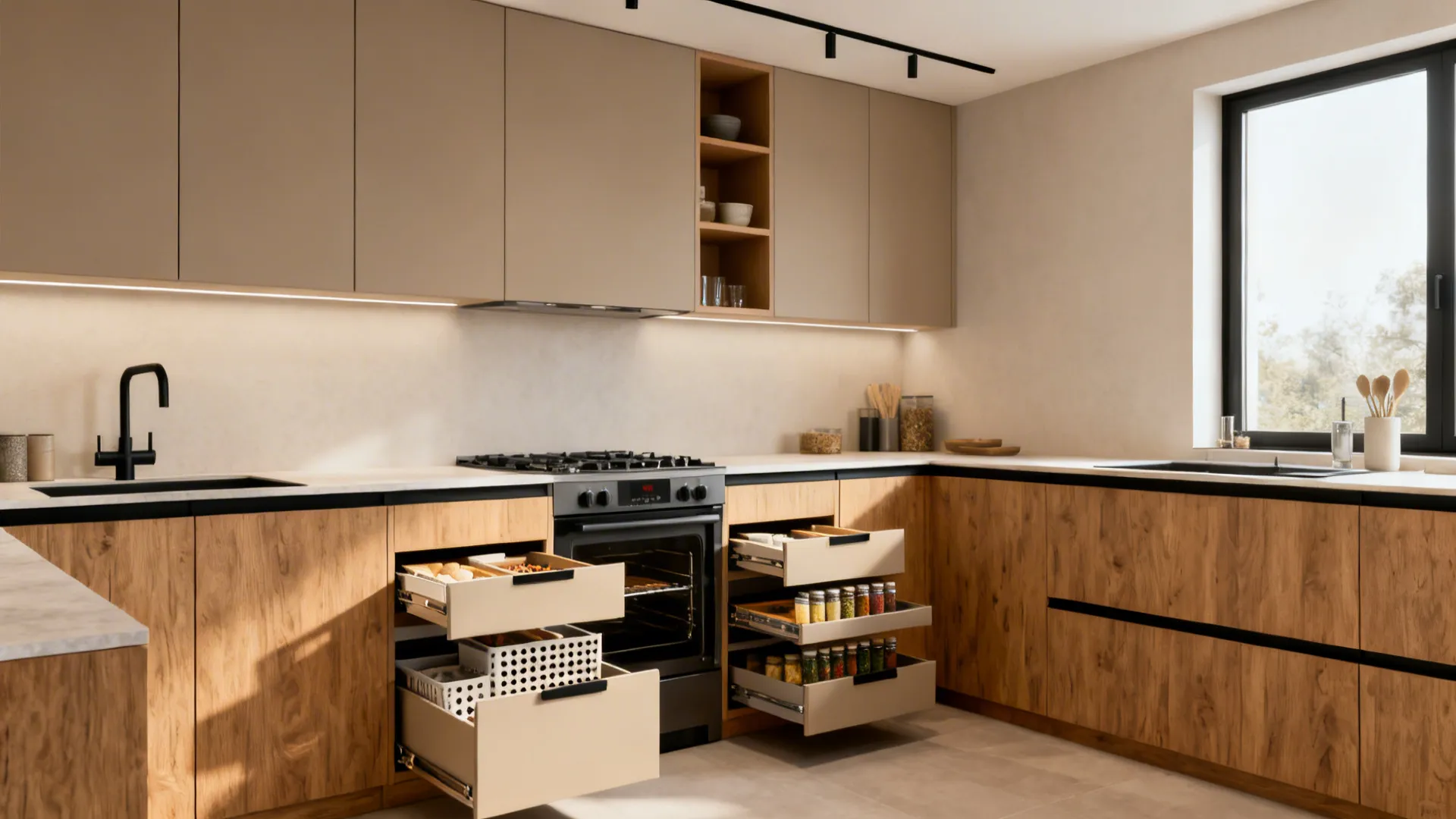 Modern kitchen interior with wood cabinets beige wall units black sink oven and open storage