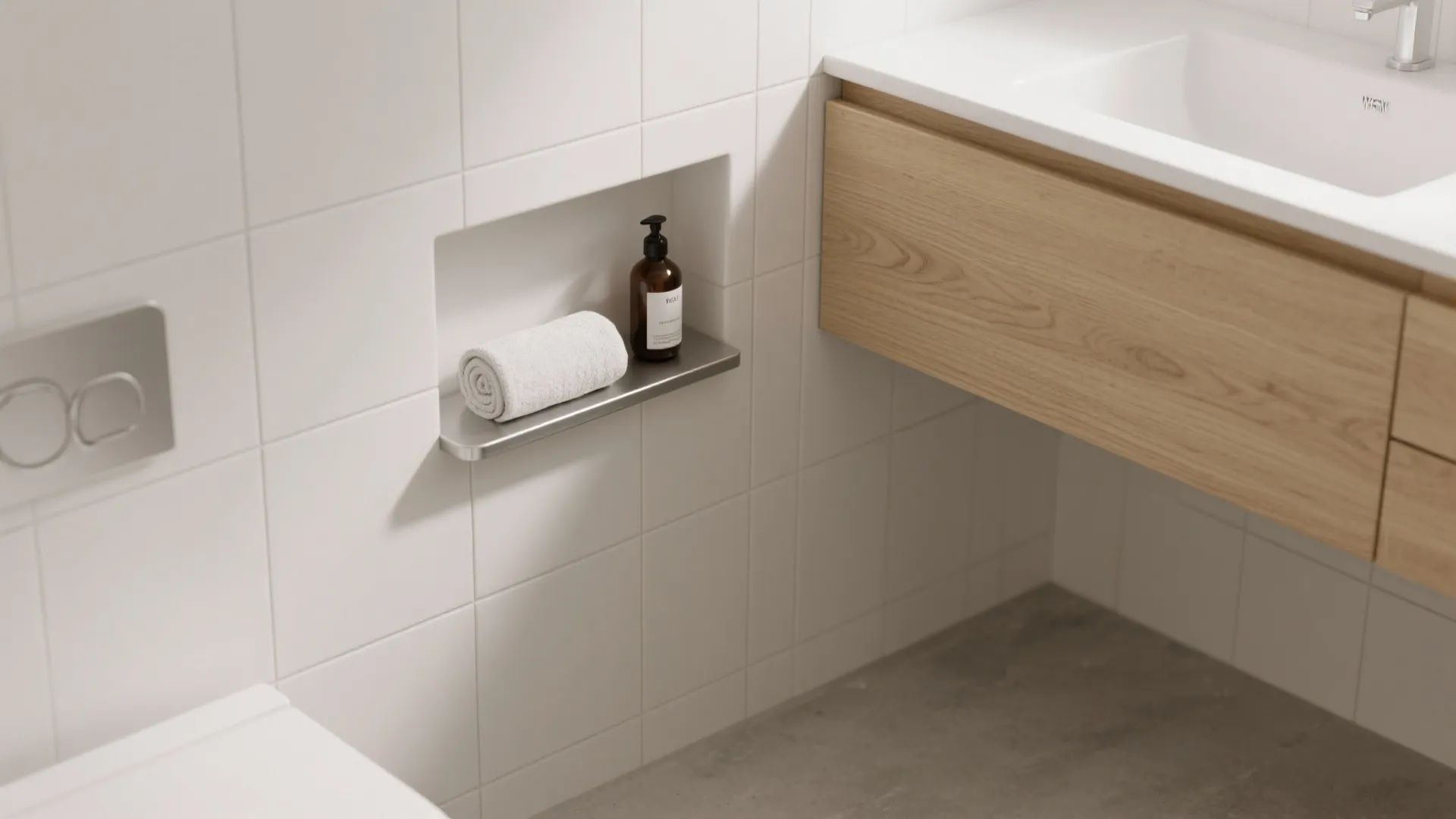 Recessed niche and wall-hung oak vanity show slim, space-saving storage.