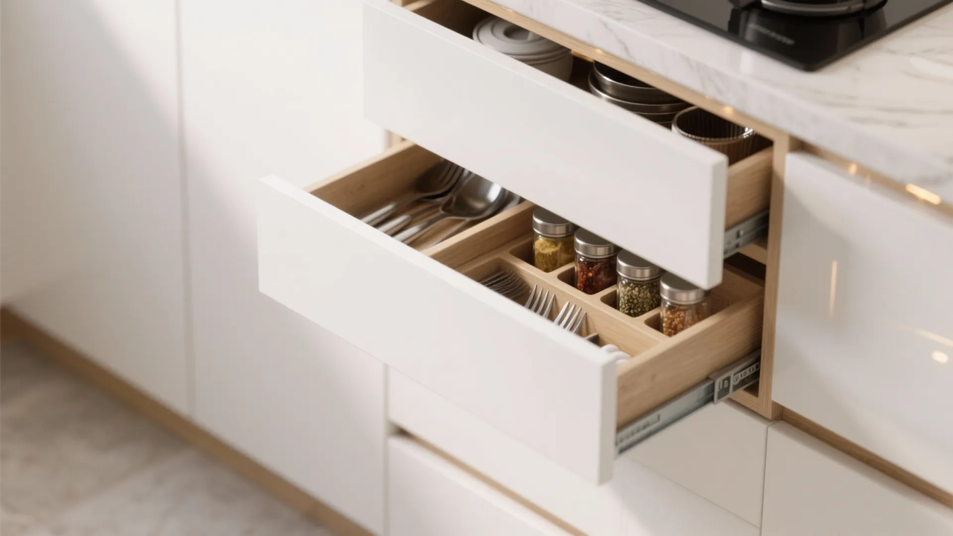 Open white kitchen drawers showing wooden organizer with metal cutlery and glass spice jars inside