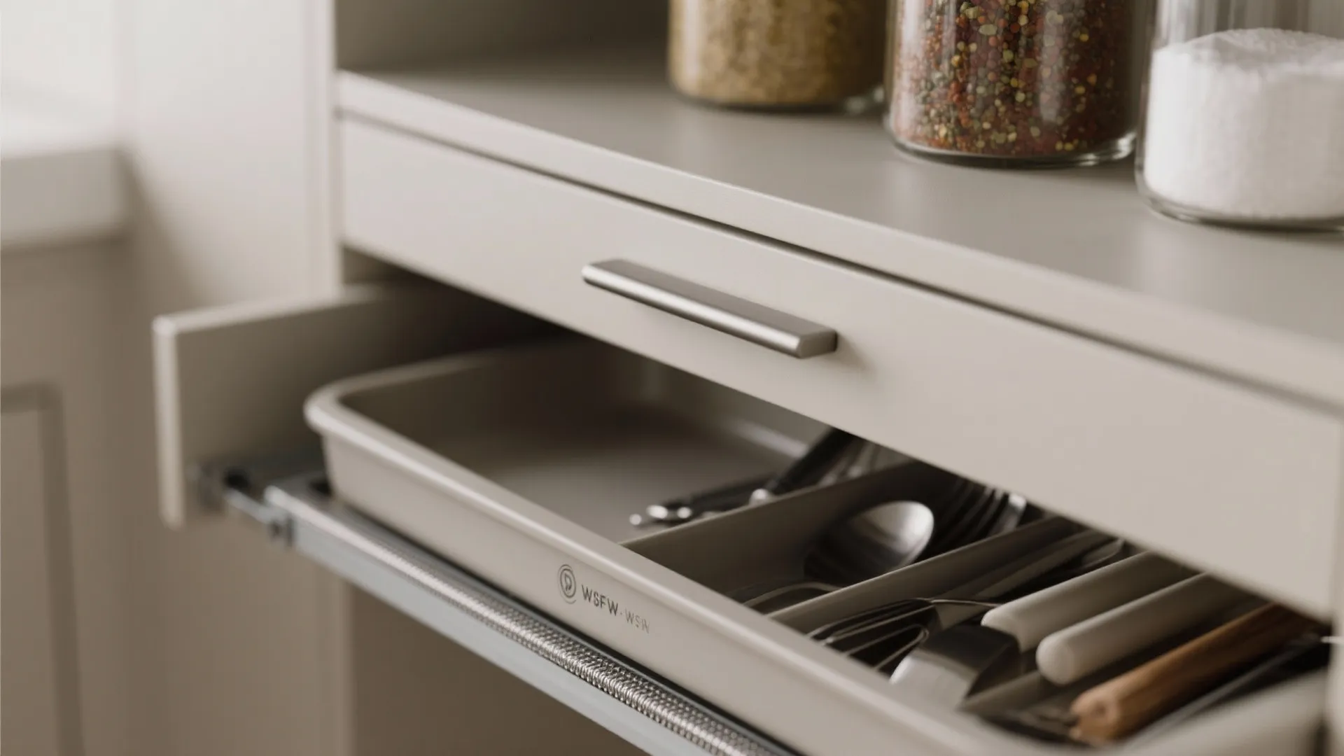 Close up of an open kitchen cabinet drawer with organized metal spoons and kitchen tools