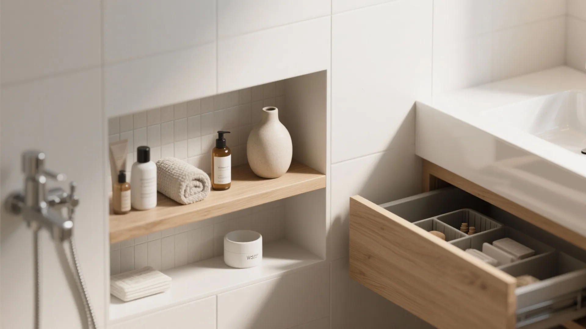 Modern bathroom wall niche with wooden shelf holding bottles vase towel and open sink drawer