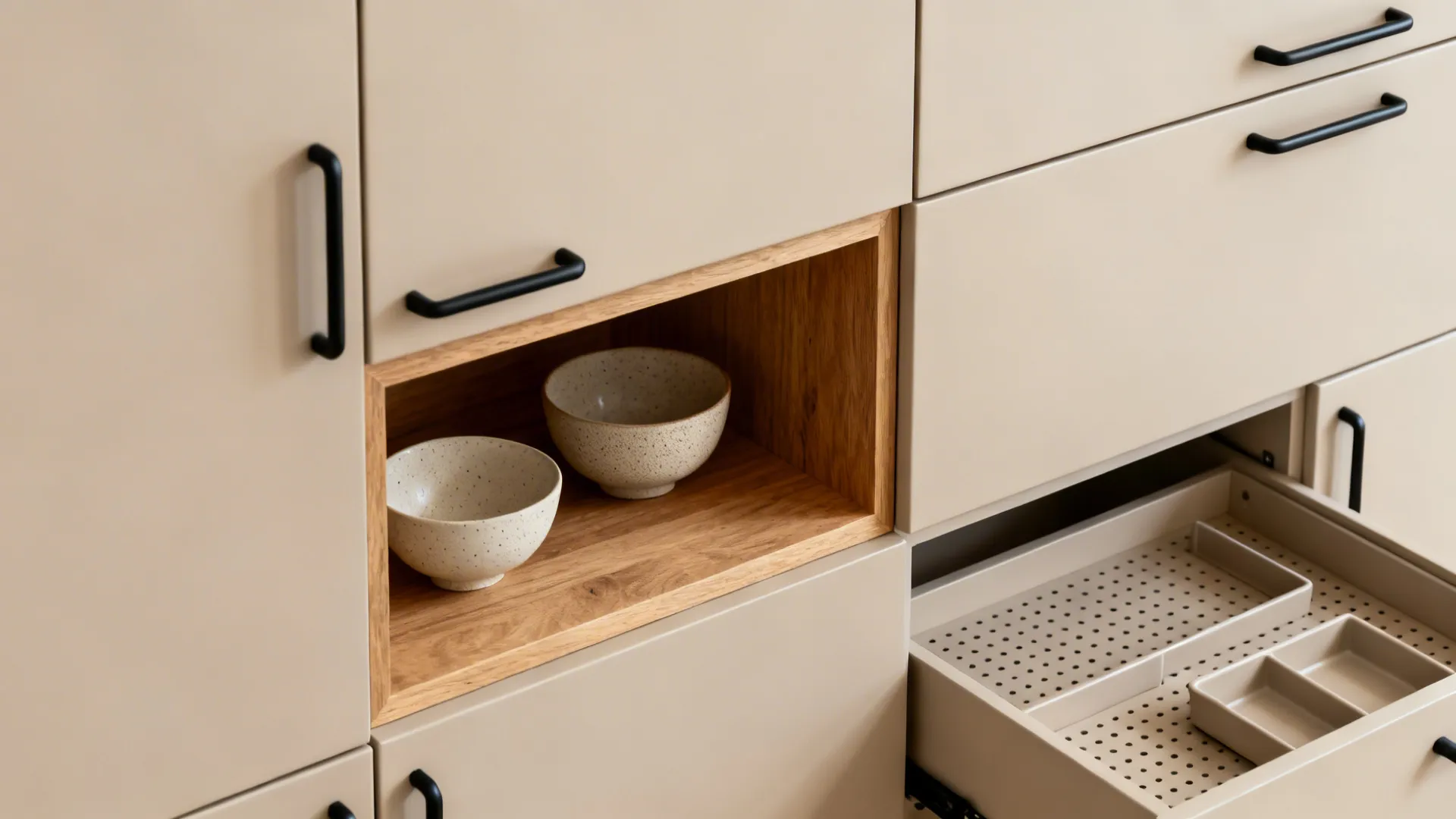 Cream kitchen cabinets with black handles including wooden open shelf and a pull out drawer