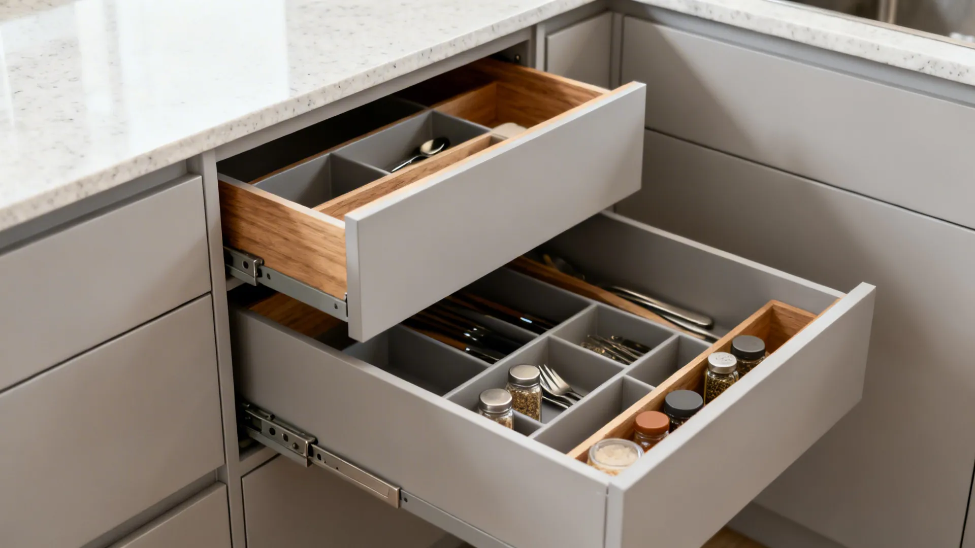 Close-up of layered pull-out drawers in a minimalist base cabinet with integrated handles.