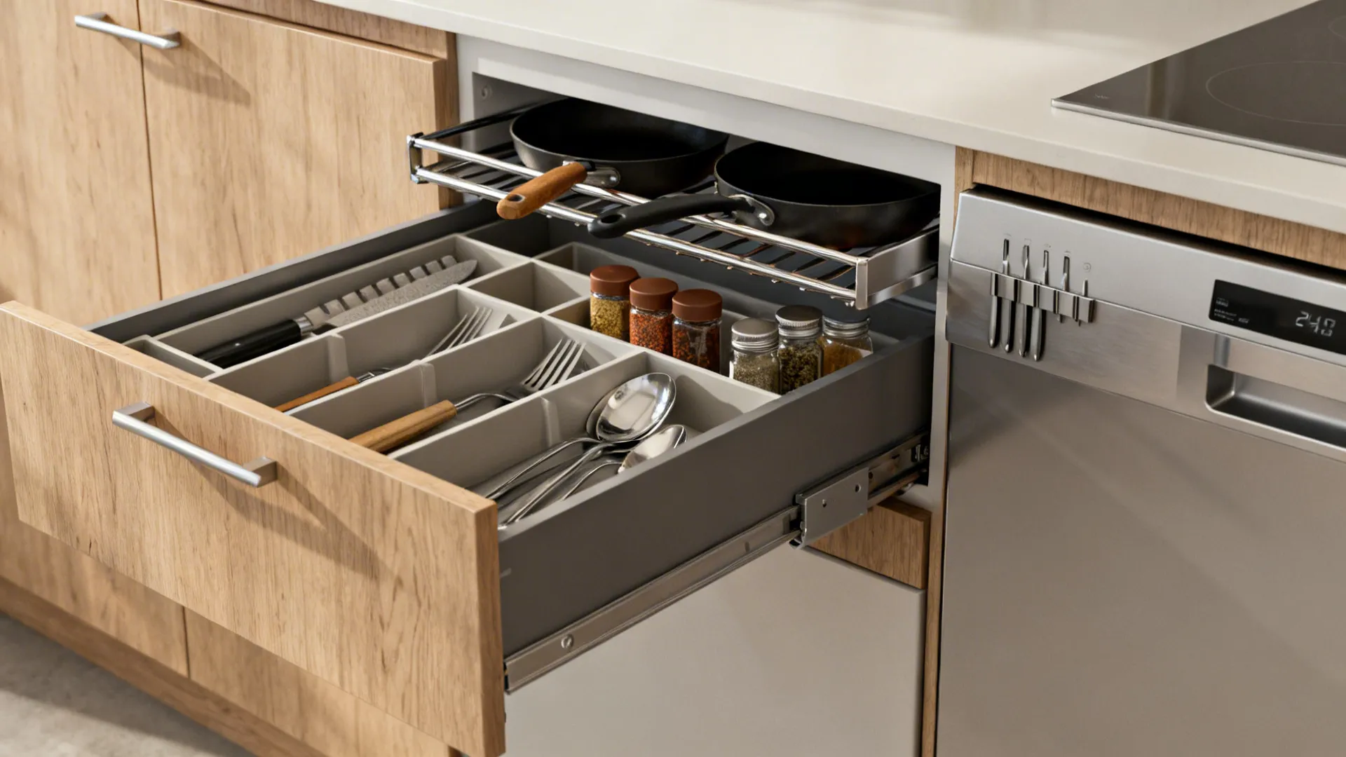 Close-up of deep drawers with dividers and a simple rail in a minimalist small kitchen.