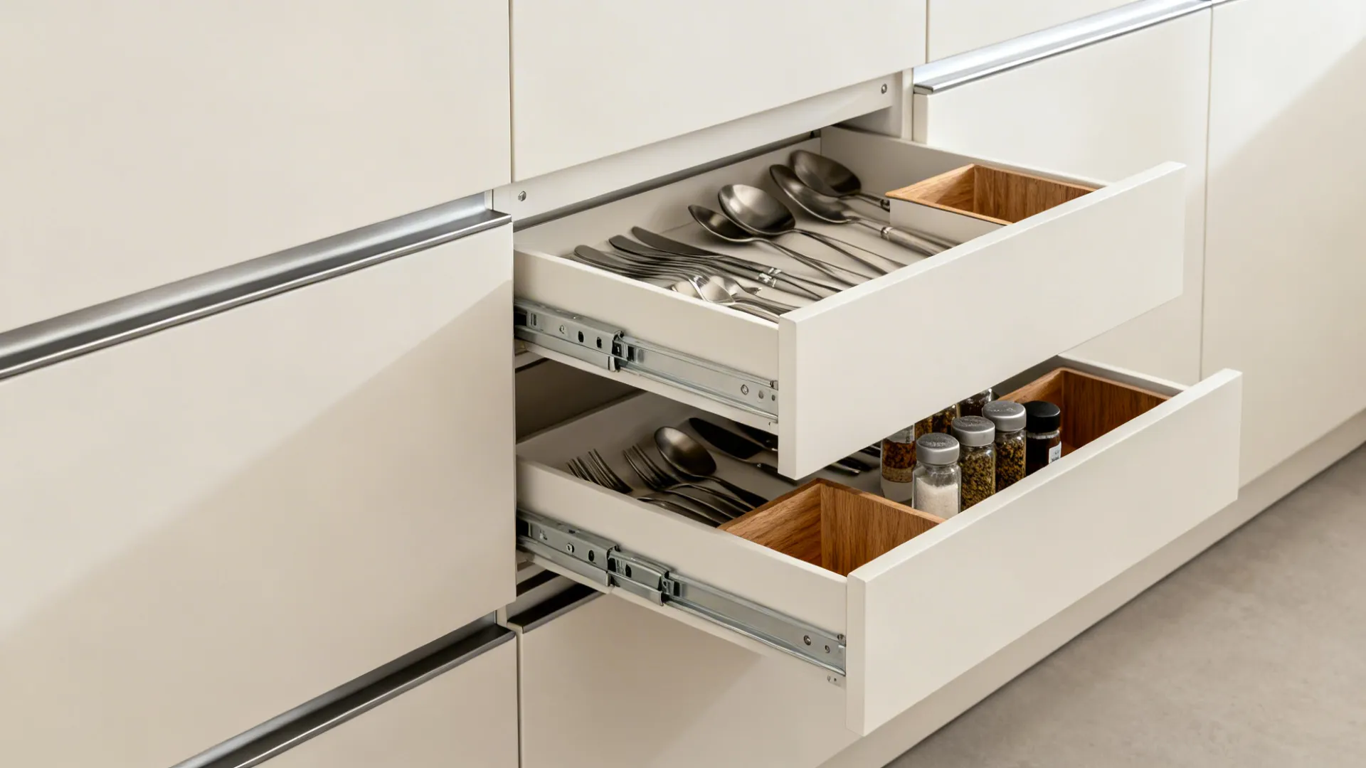 Two open white kitchen drawers showing metal spoons forks and spice jars in wooden organizers