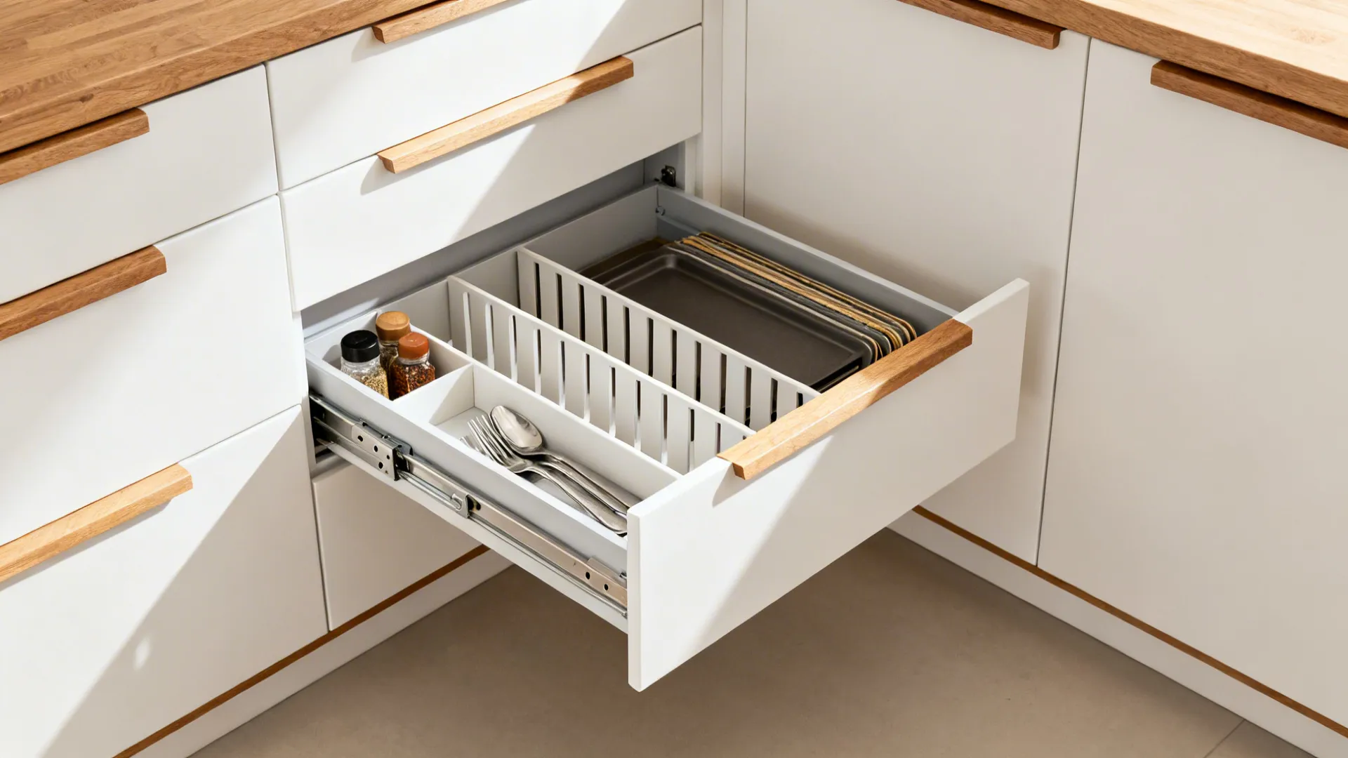 Macro view of full-extension kitchen drawer with slim organizers and soft-close hardware.