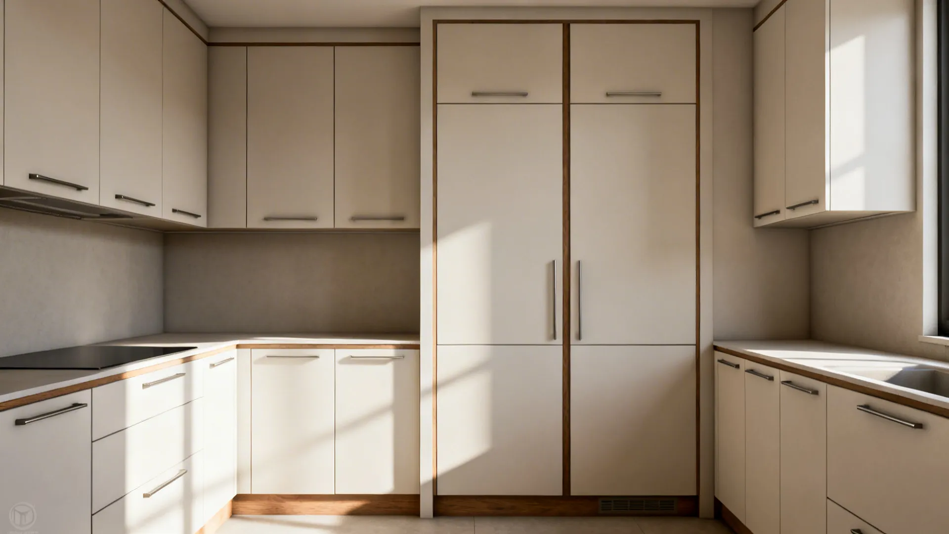 Close-up of seamless pale cabinet fronts with integrated pulls and slim uppers.