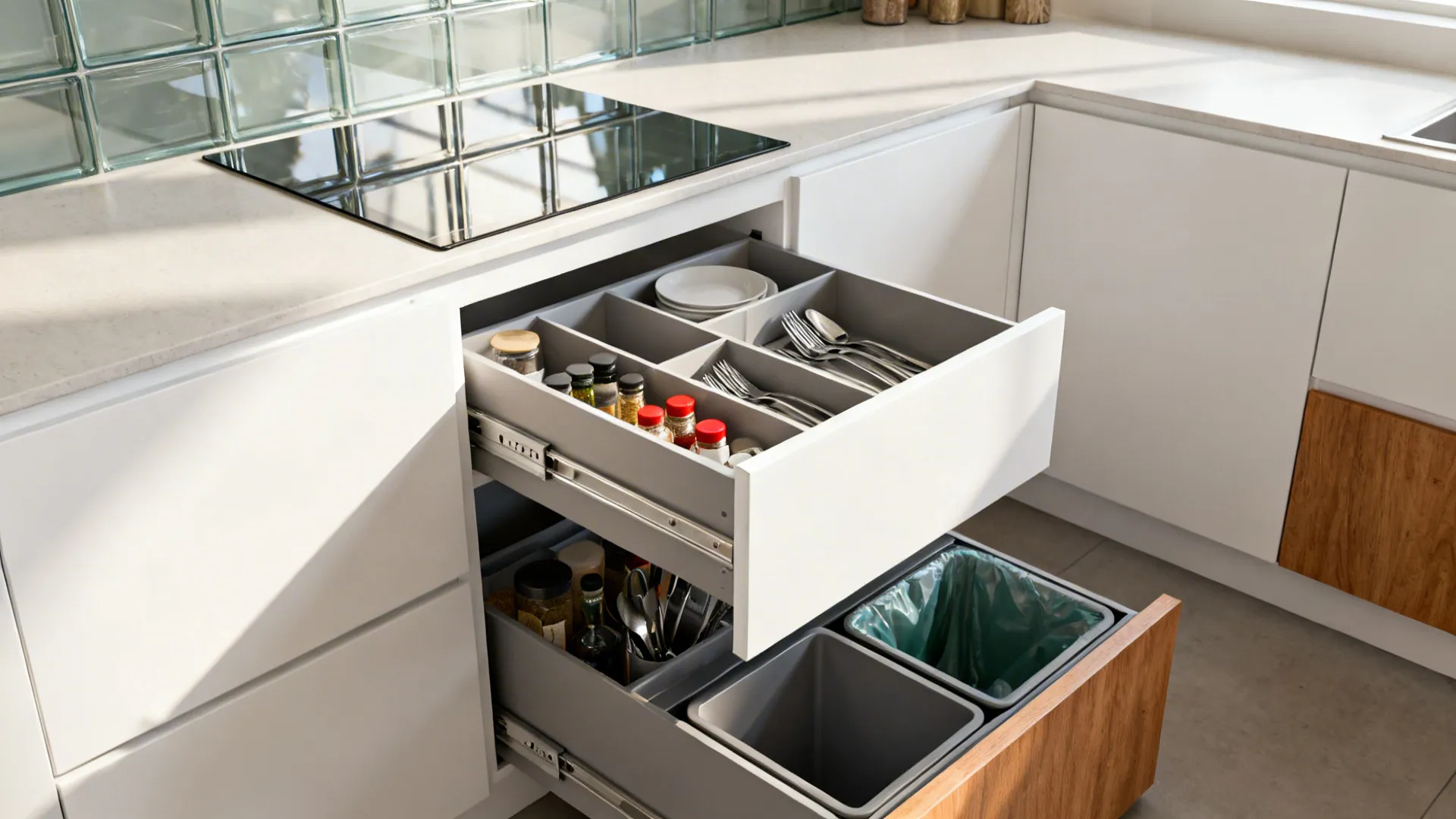 Macro view of handleless flat-panel drawers with organized dividers in a minimalist kitchen.