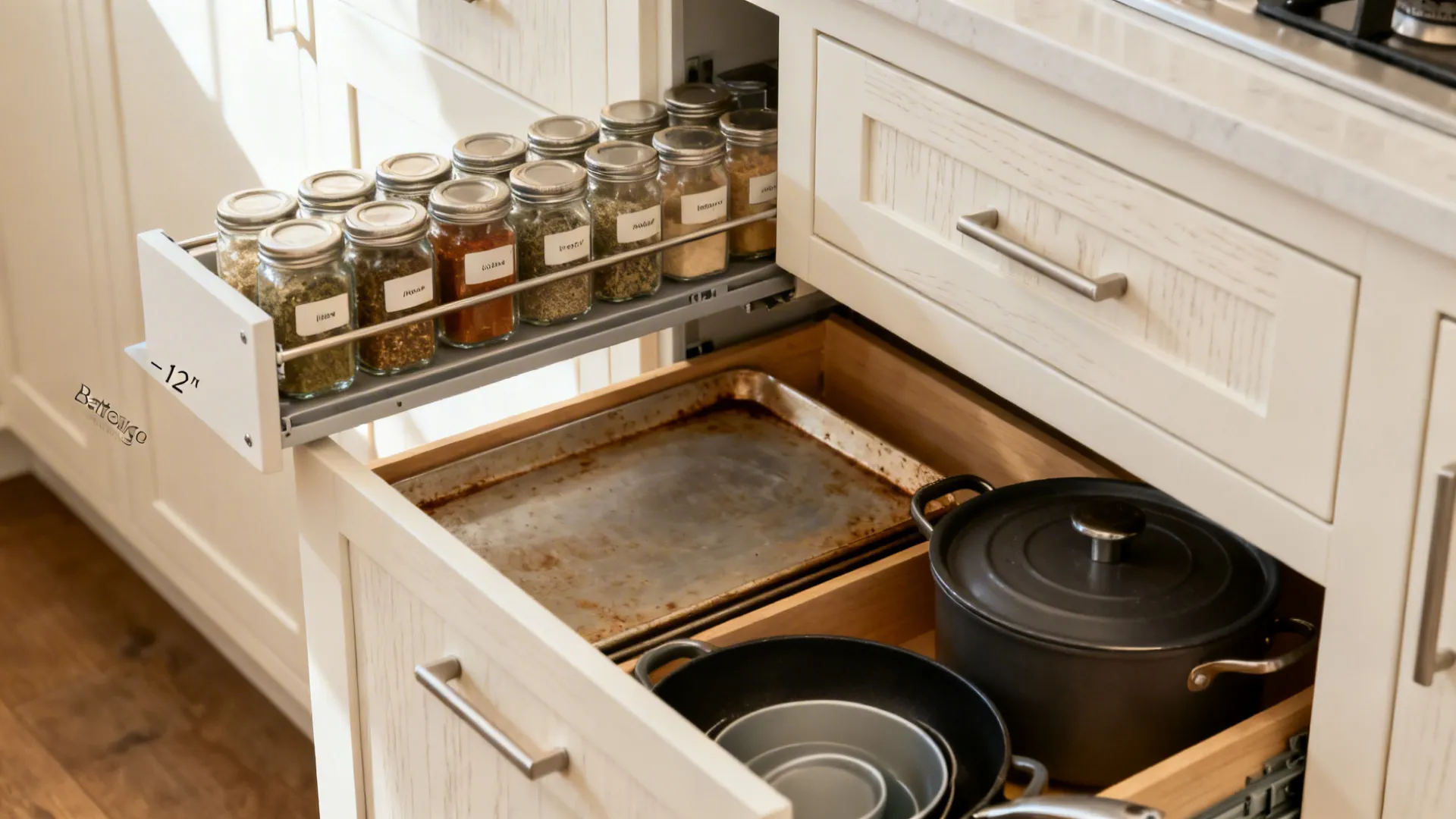 Macro view of slim pull-out spice rack, toe-kick drawer, and deep pot drawer in a minimalist warm white kitchen.