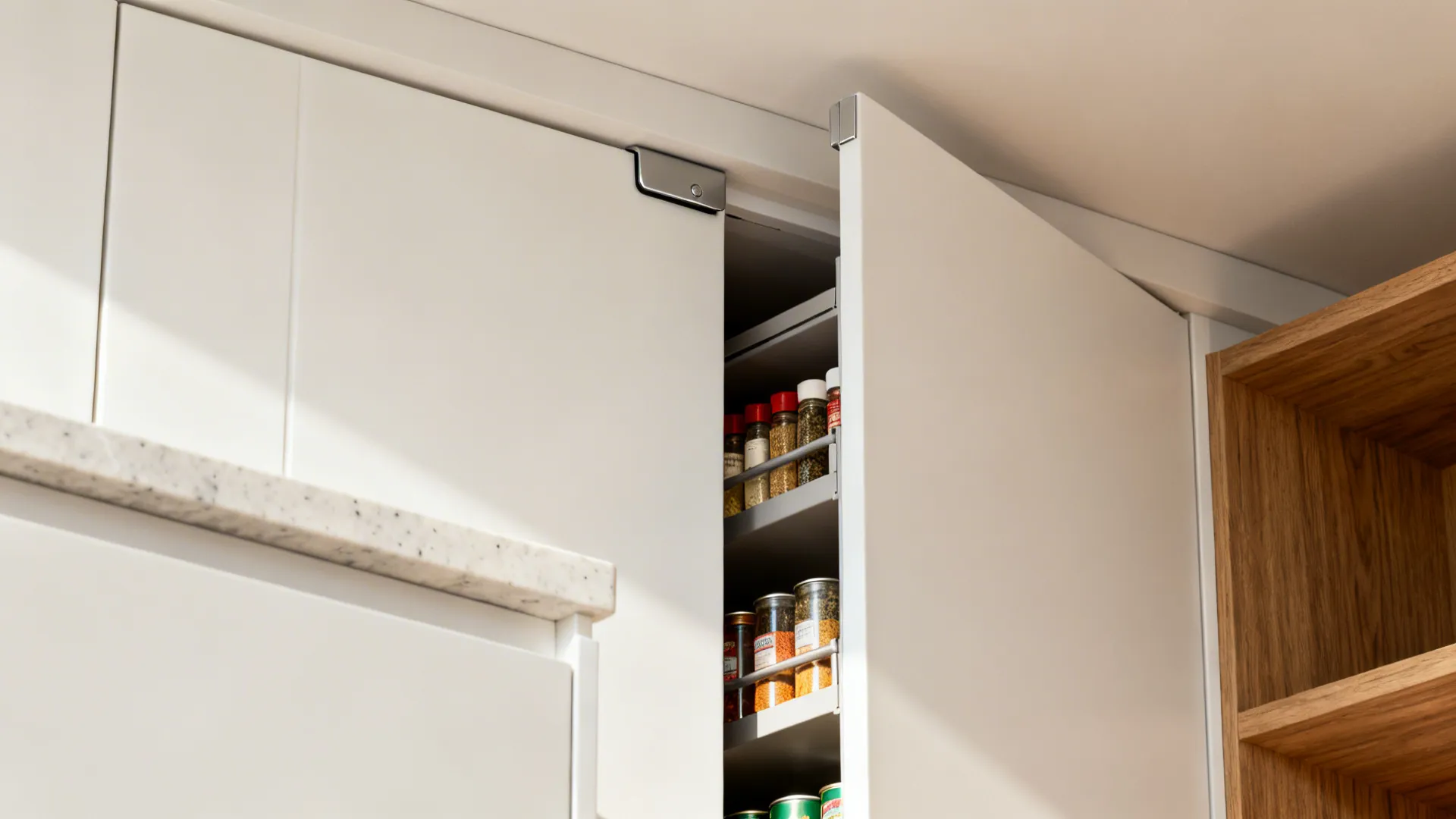 Macro of a slim pull-out pantry and matte white flat-front cabinet in a compact kitchen.