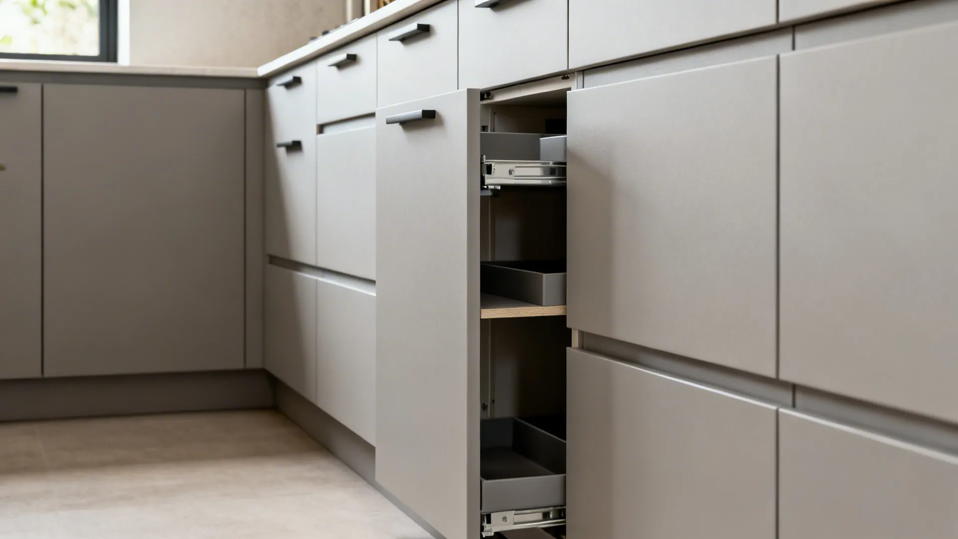 Macro view of handleless flat kitchen cabinets with integrated pulls and a toe-kick drawer.