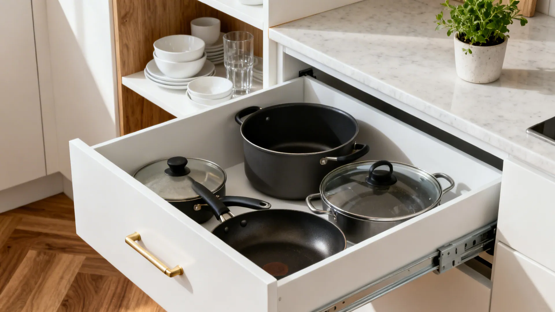 Macro of a deep kitchen drawer on full-extension glides and an open oak shelf with neatly styled dishes.
