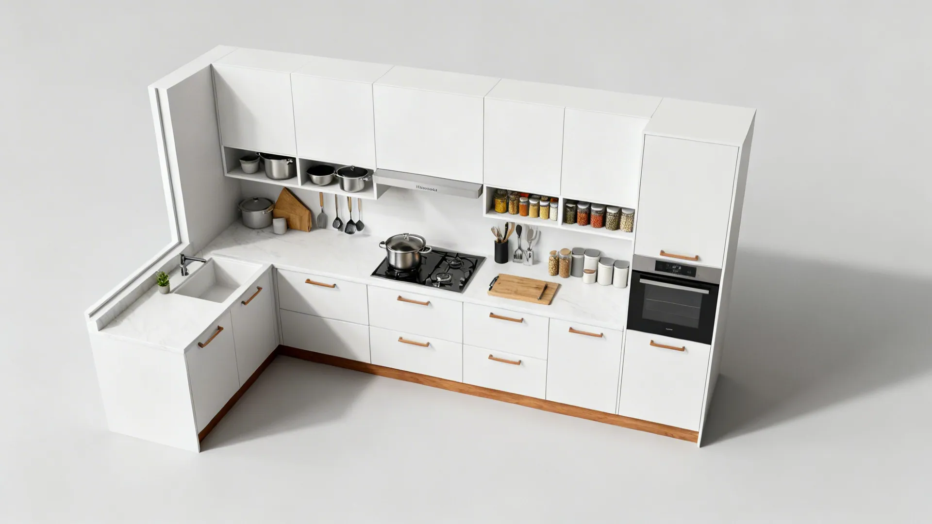 Top-down plan of a compact kitchen with minimalist storage zones mapped for essentials.
