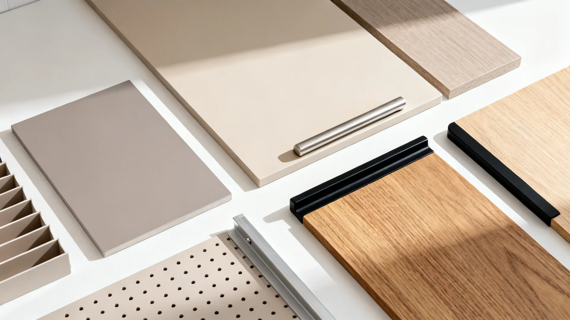 Flat lay of matte laminates, PET finishes, slim hardware, and drawer dividers in soft tones.