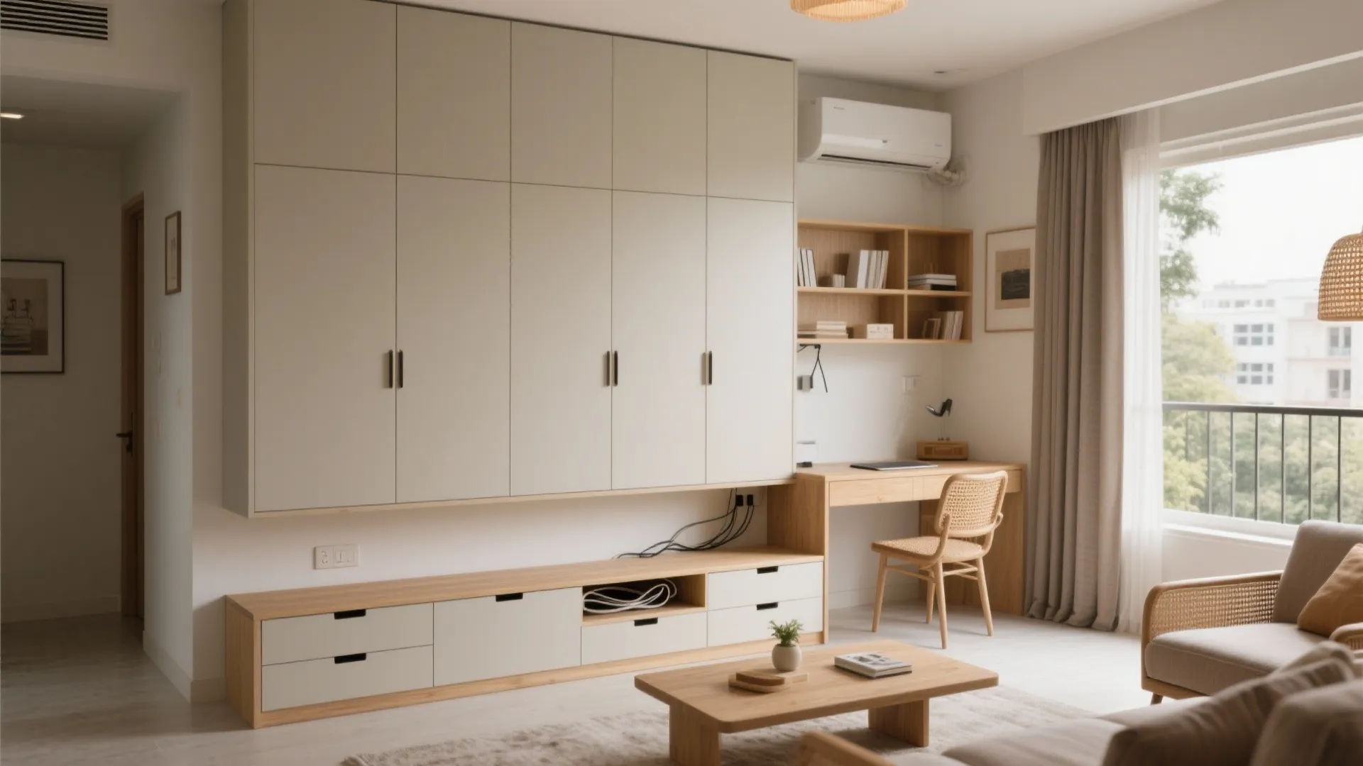 Minimalist living room featuring large white storage cabinet wooden desk chair and natural window light setup