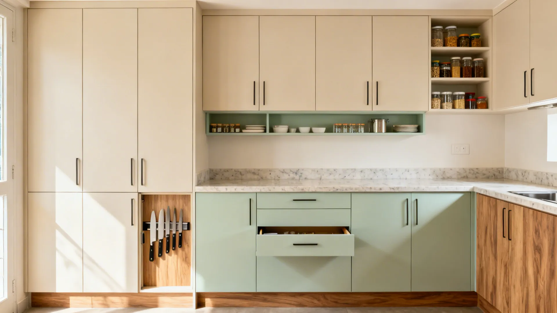 Modern kitchen storage with light green cabinets wood drawers spice jars and a knife rack