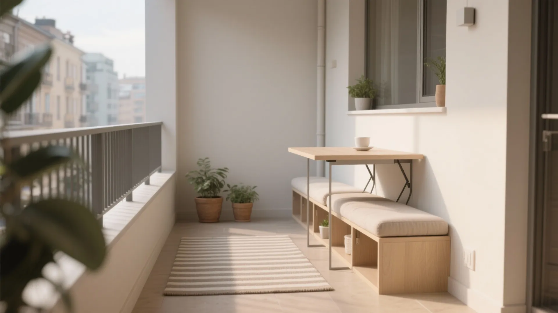 Minimalist balcony storage and seating