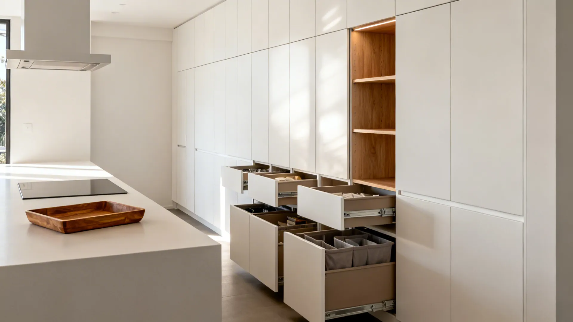 Minimalist small kitchen with shallow uppers and handleless cabinets creating an airy, uncluttered look.