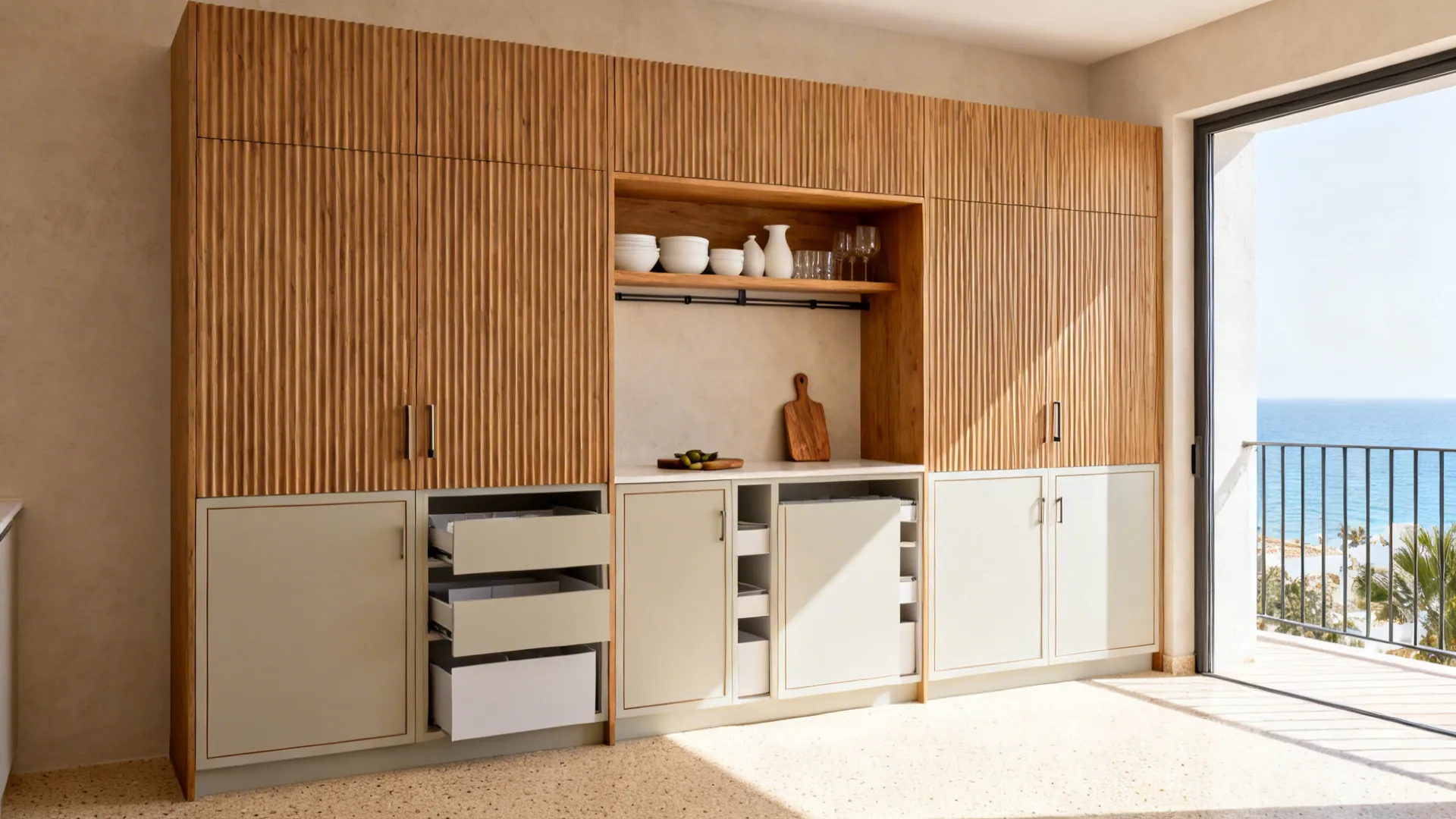 Compact coastal kitchen wall with fluted oak fronts and one open shelf in soft daylight.