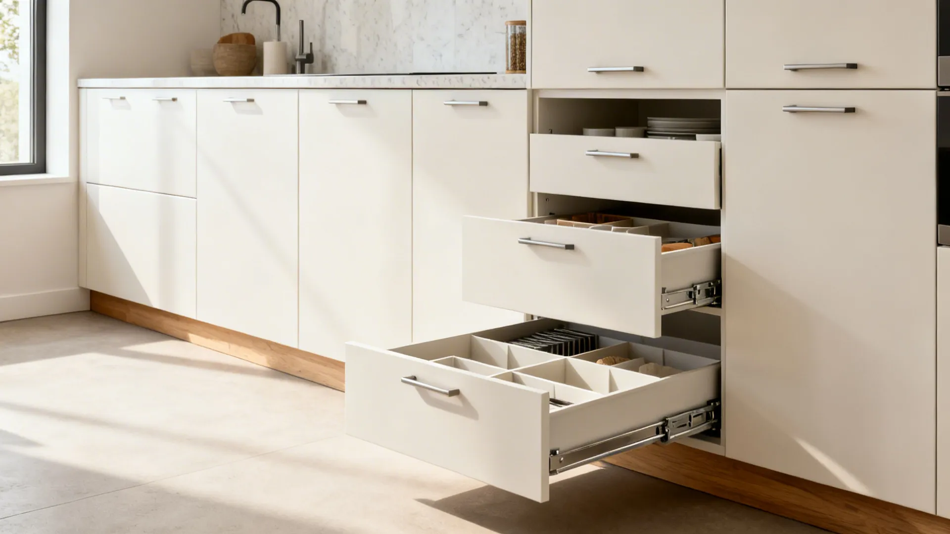 Minimalist tall cabinets and deep drawer storage in a small contemporary kitchen, bright and organized.