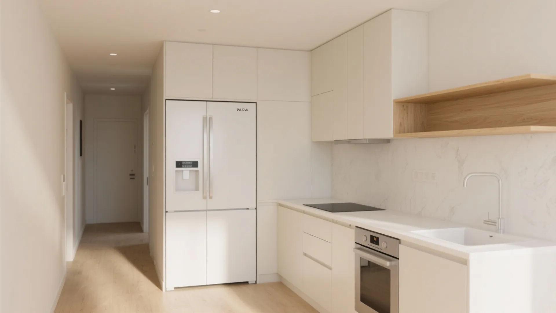 Minimalist kitchen storage for a calm hall-kitchen flow