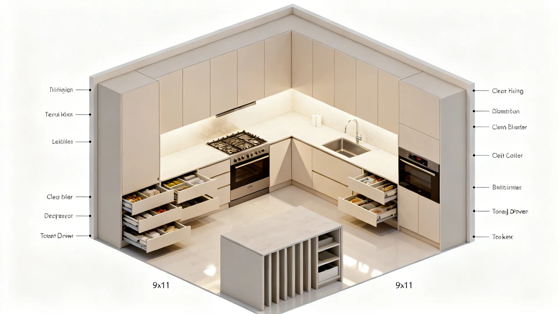 Interior design drawing showing a modern kitchen layout with white cabinets plus functional storage drawer details