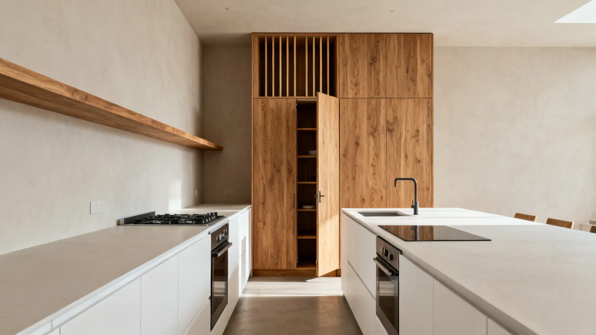Modern minimalist kitchen with white island, tall wood cabinet, open storage door, and black oven