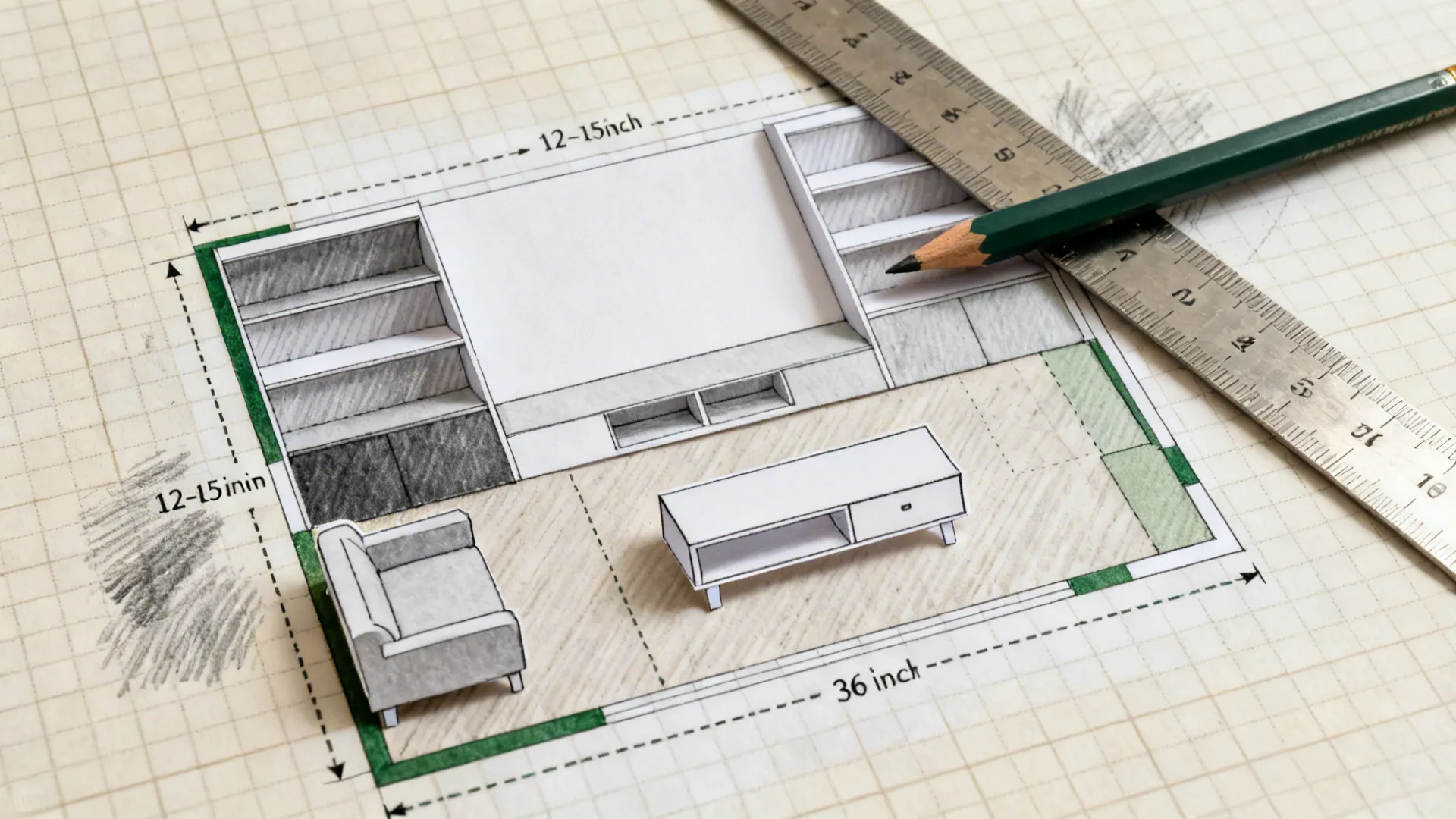 Top-down graph paper plan marking minimalist storage and clear pathways with color-coded lines.