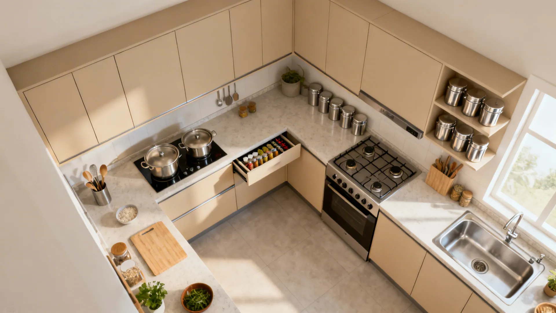 Top-down layout showing deep drawers, spice pull-out, and open shelves in a 7x9 ft kitchen.
