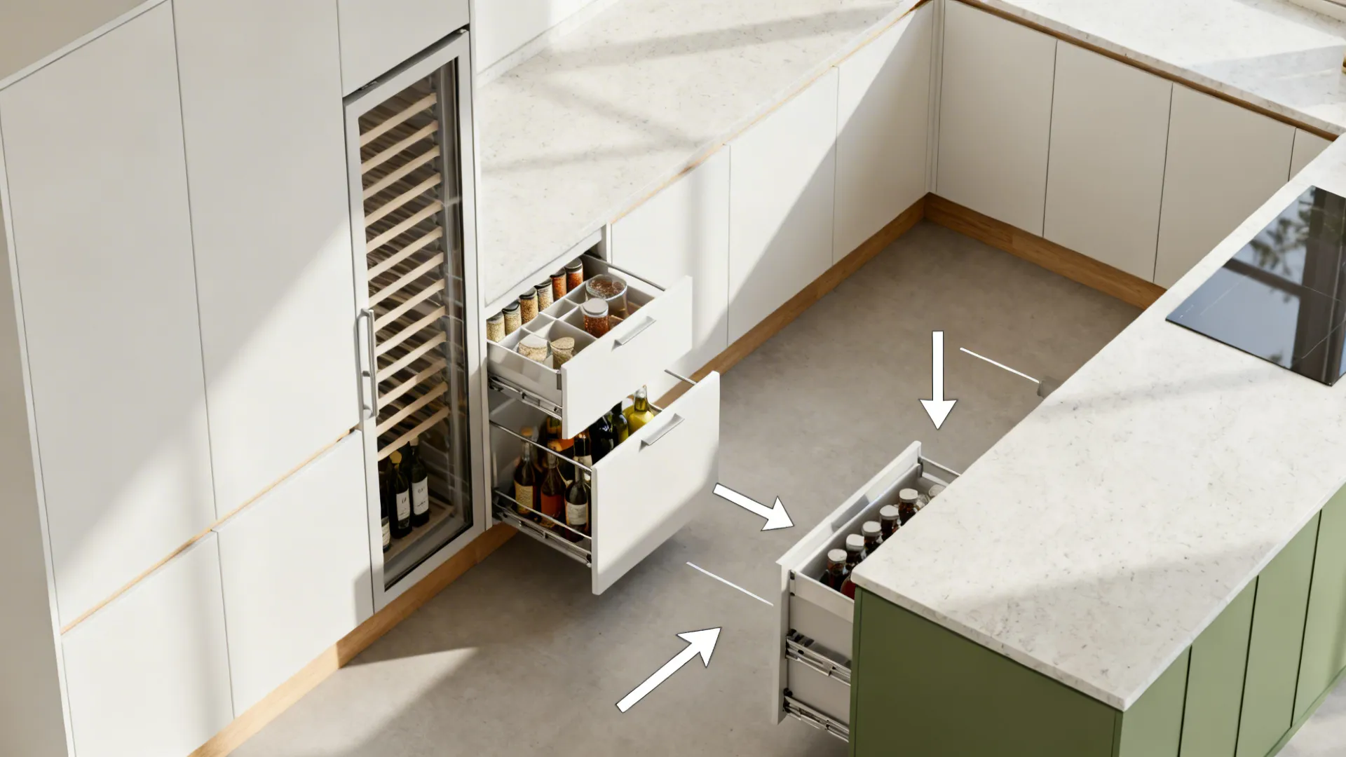 Top-down view of a minimalist small kitchen showing full-height larder, slim pull-outs and internal drawers.