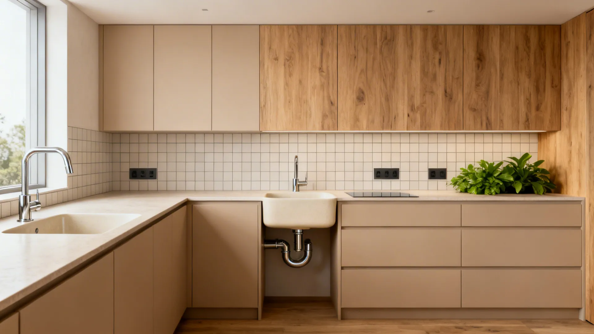 Minimalist compact kitchen with aligned outlets and P-trap clearance under a clean backsplash grid.