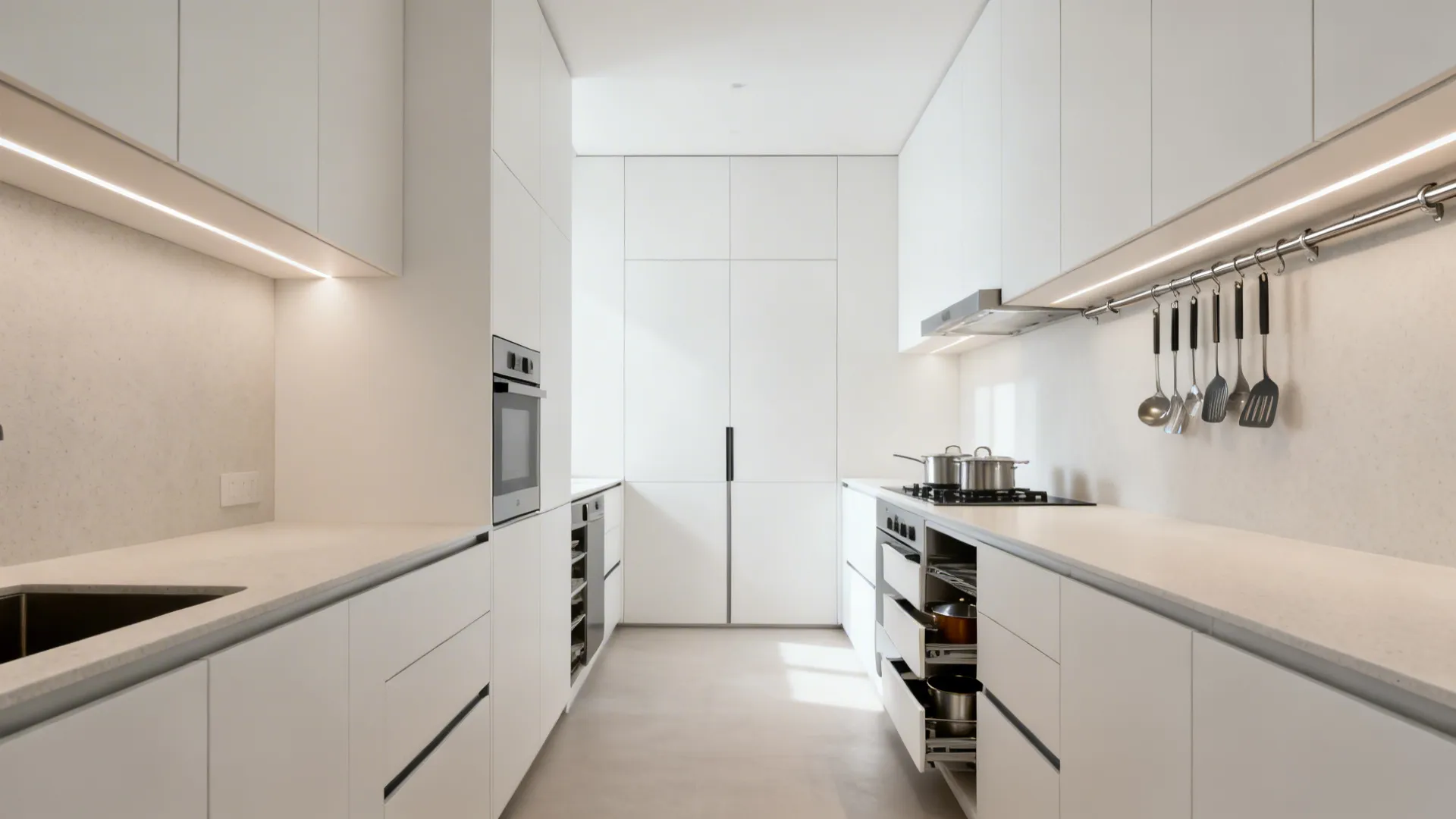 Small rectangular kitchen with slab-front cabinets and deep drawer storage