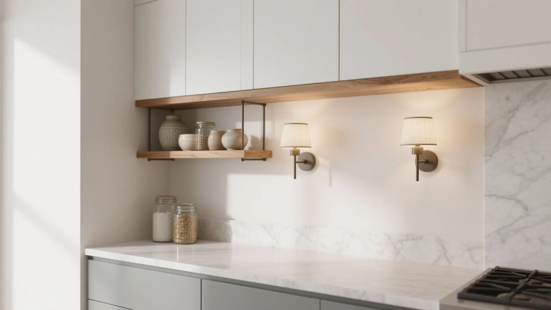 Minimalist kitchen storage with Justice Design sconces